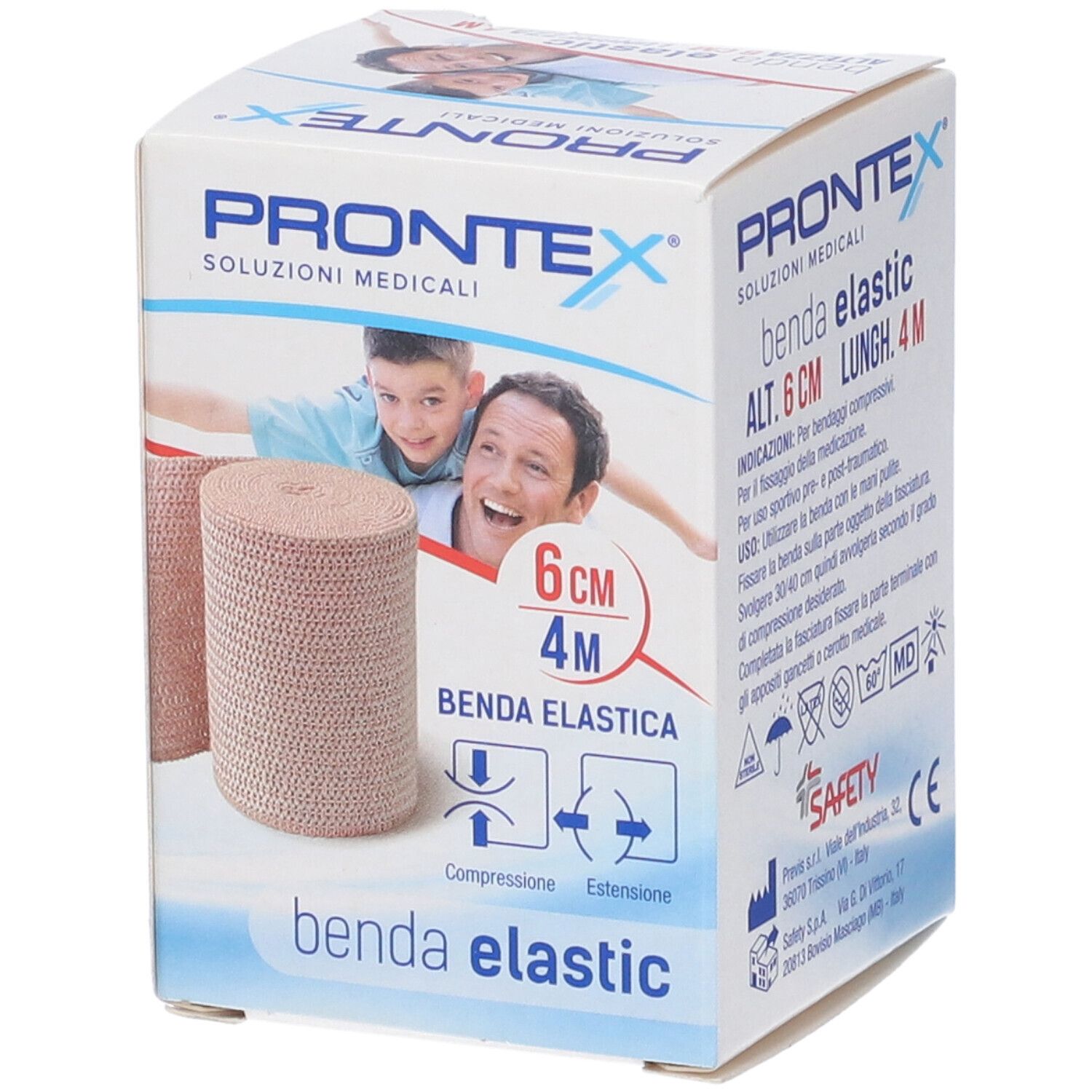 Benda elastica Prontex, 6 cm, in confezione. Scritte: Prontex, Benda Elastic, 6 cm x 4 m. Immagine di uomo e bambino.