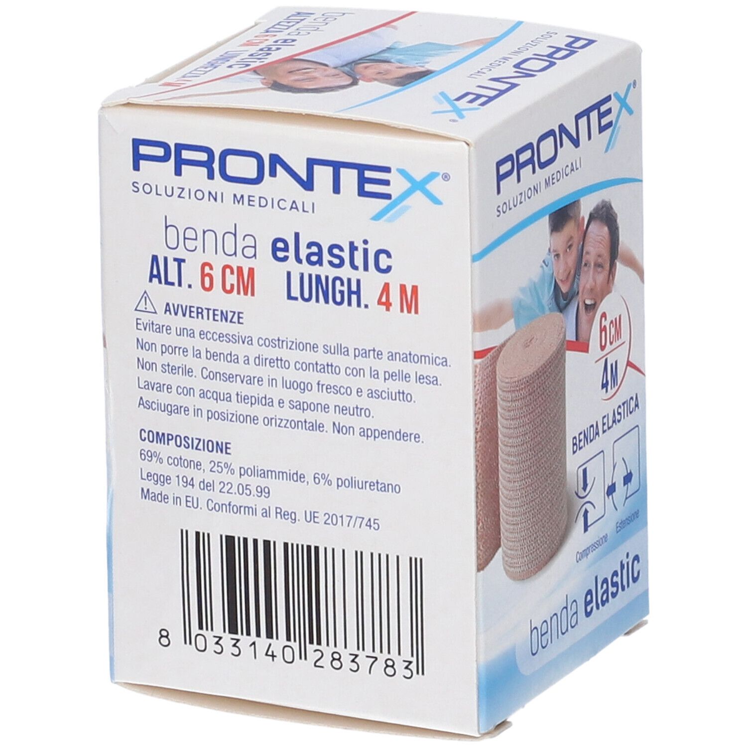 Confezione di benda elastica Prontex. Scritte: Prontex, Benda Elastic, 6 cm x 4 m. Testo sulla composizione. Codice a barre.