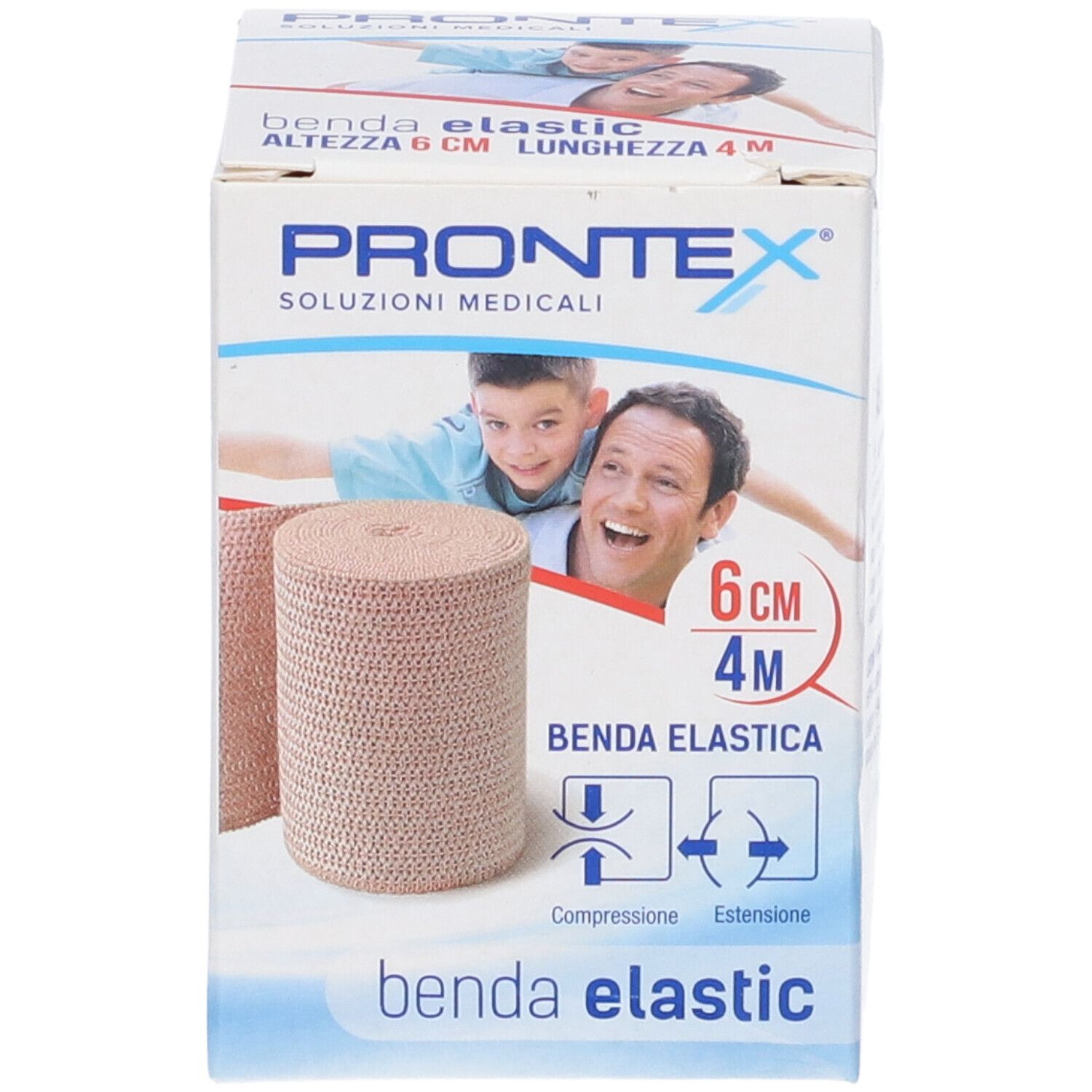 Benda elastica Prontex, 6 cm, in confezione. Scritte: Prontex, Benda Elastic, 6 cm x 4 m. Immagine di uomo e bambino.