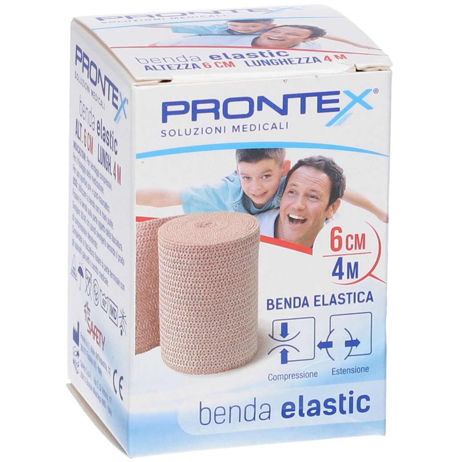 Benda elastica Prontex, 6 cm, in confezione. Scritte: Prontex, Benda Elastic, 6 cm x 4 m. Immagine di uomo e bambino.