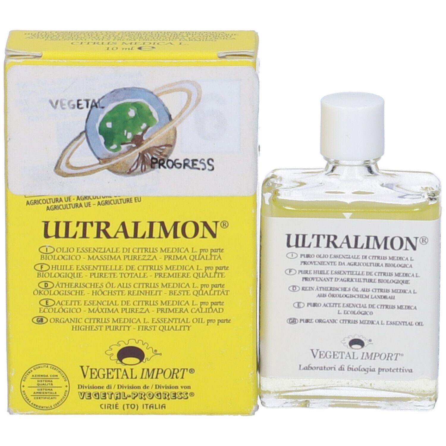 Flacone di vetro con olio accanto a una scatola gialla. 'Ultralimon' è scritto sul flacone e sulla scatola.