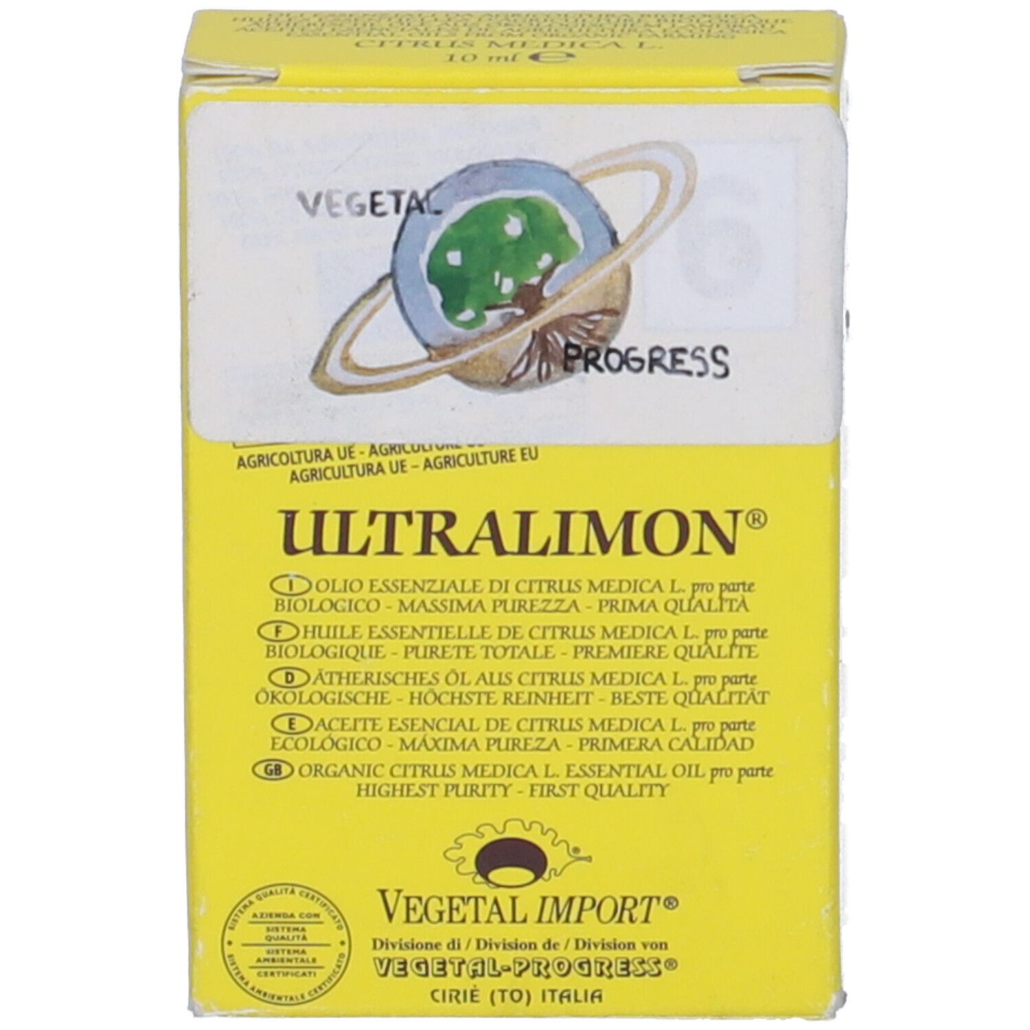 Scatola gialla con testo e logo. 'Ultralimon' è scritto sulla scatola.