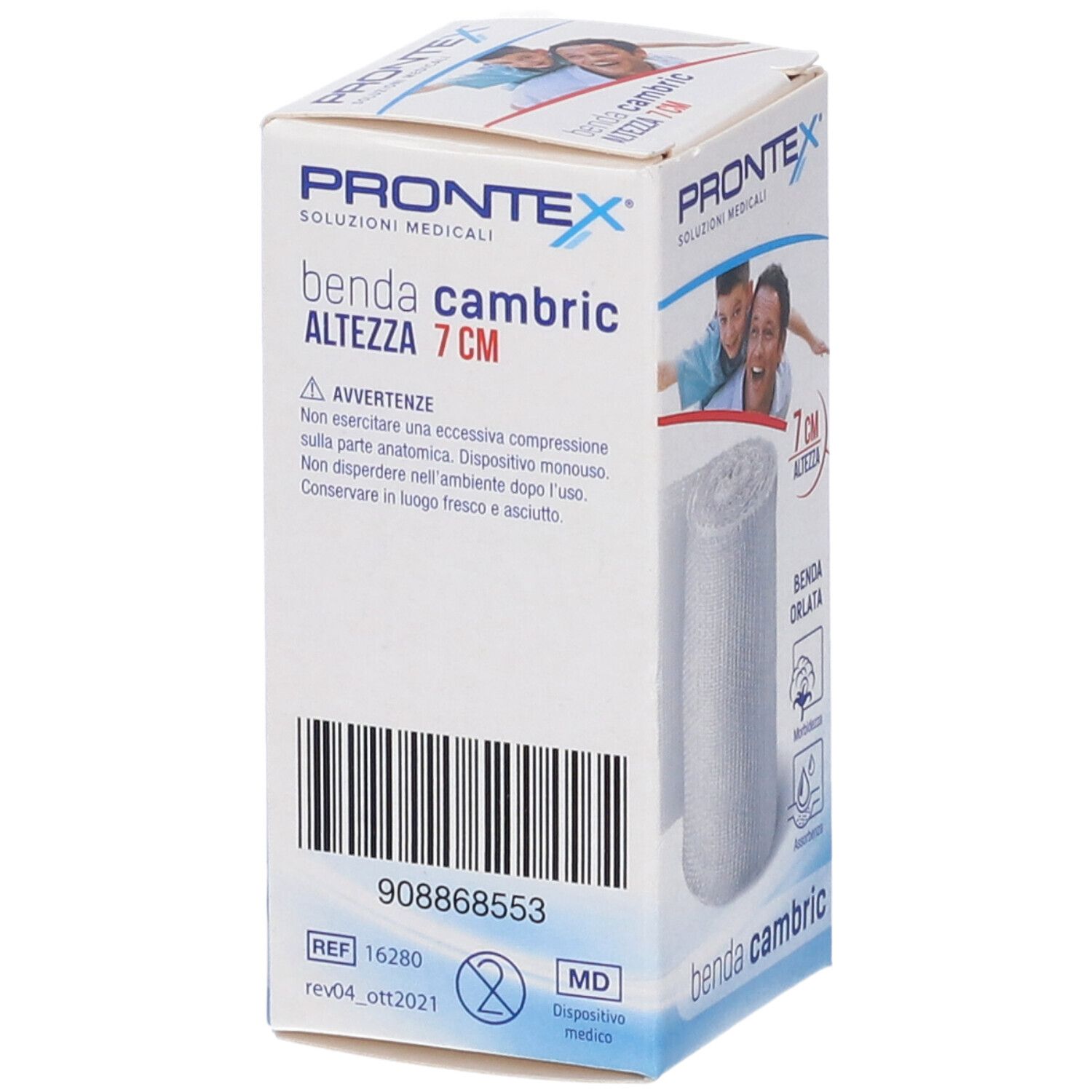 Confezione Prontex Benda cambric, altezza 7 cm. Scritte: 908868553, REF 16280, MD, marchio CE.