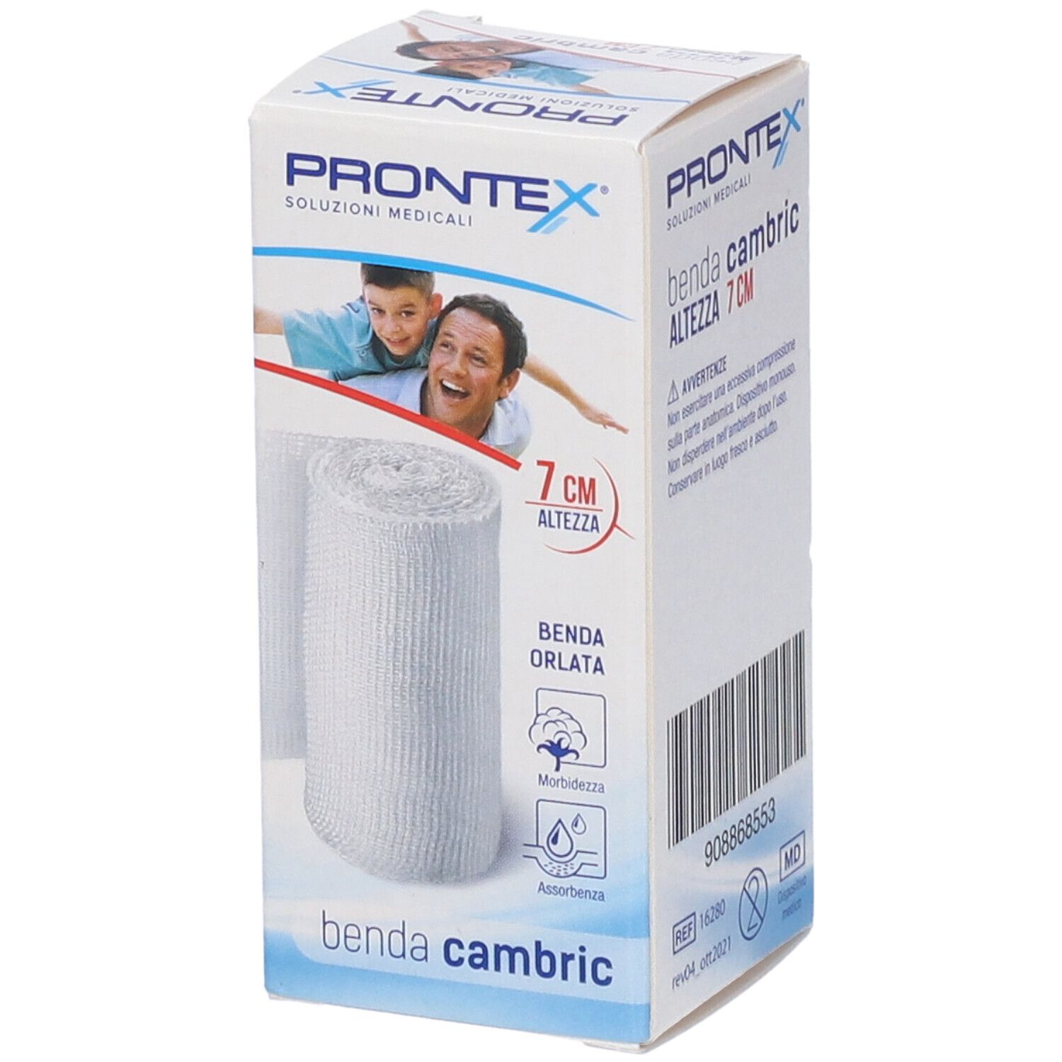 Benda Prontex, altezza 7 cm, in confezione. Scritte: Benda cambric, 7 cm, Benda orlata, assorbenza, morbidezza.