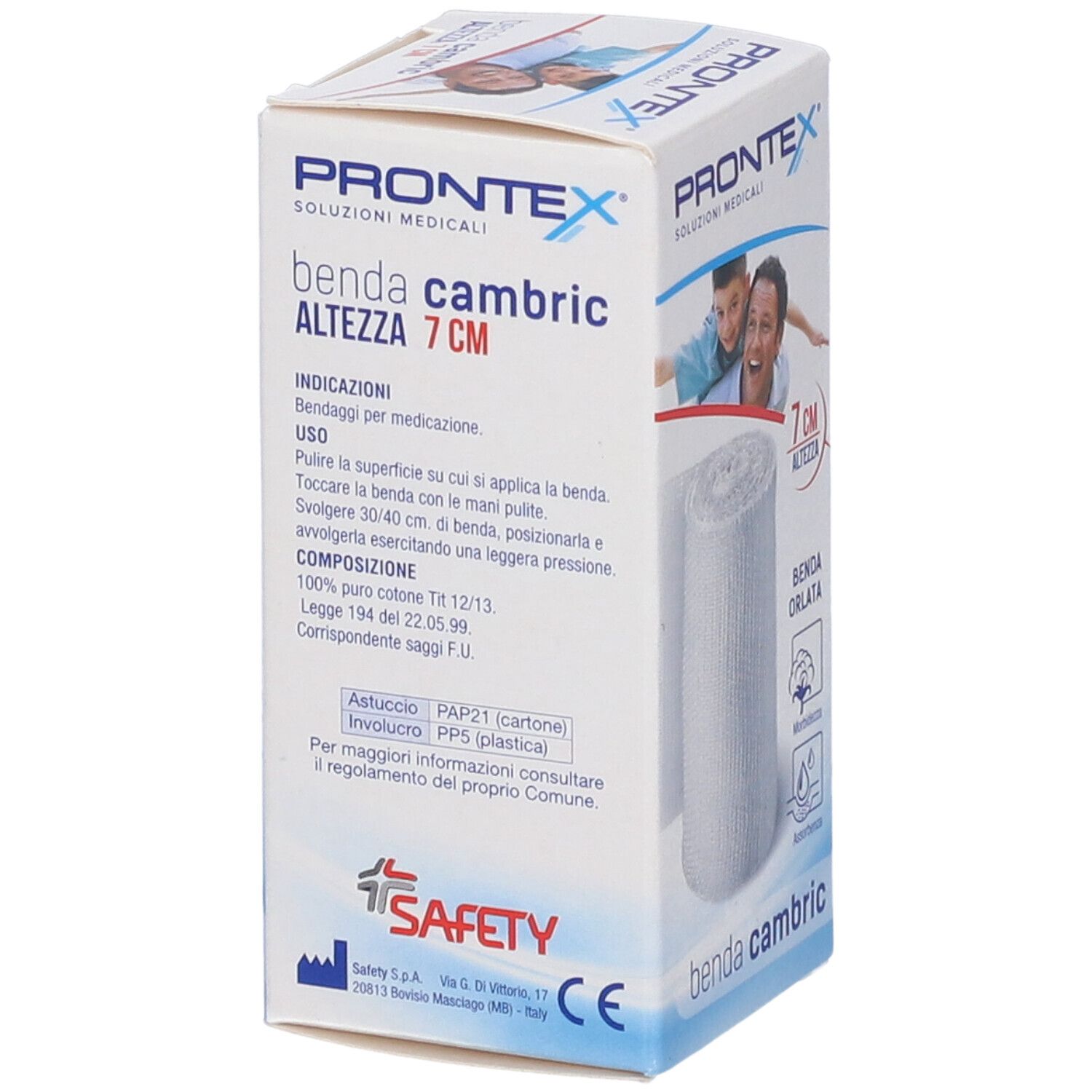 Confezione Prontex Benda cambric, altezza 7 cm. Scritte: Benda cambric, 7 cm, Benda orlata, composizione, marchio CE.