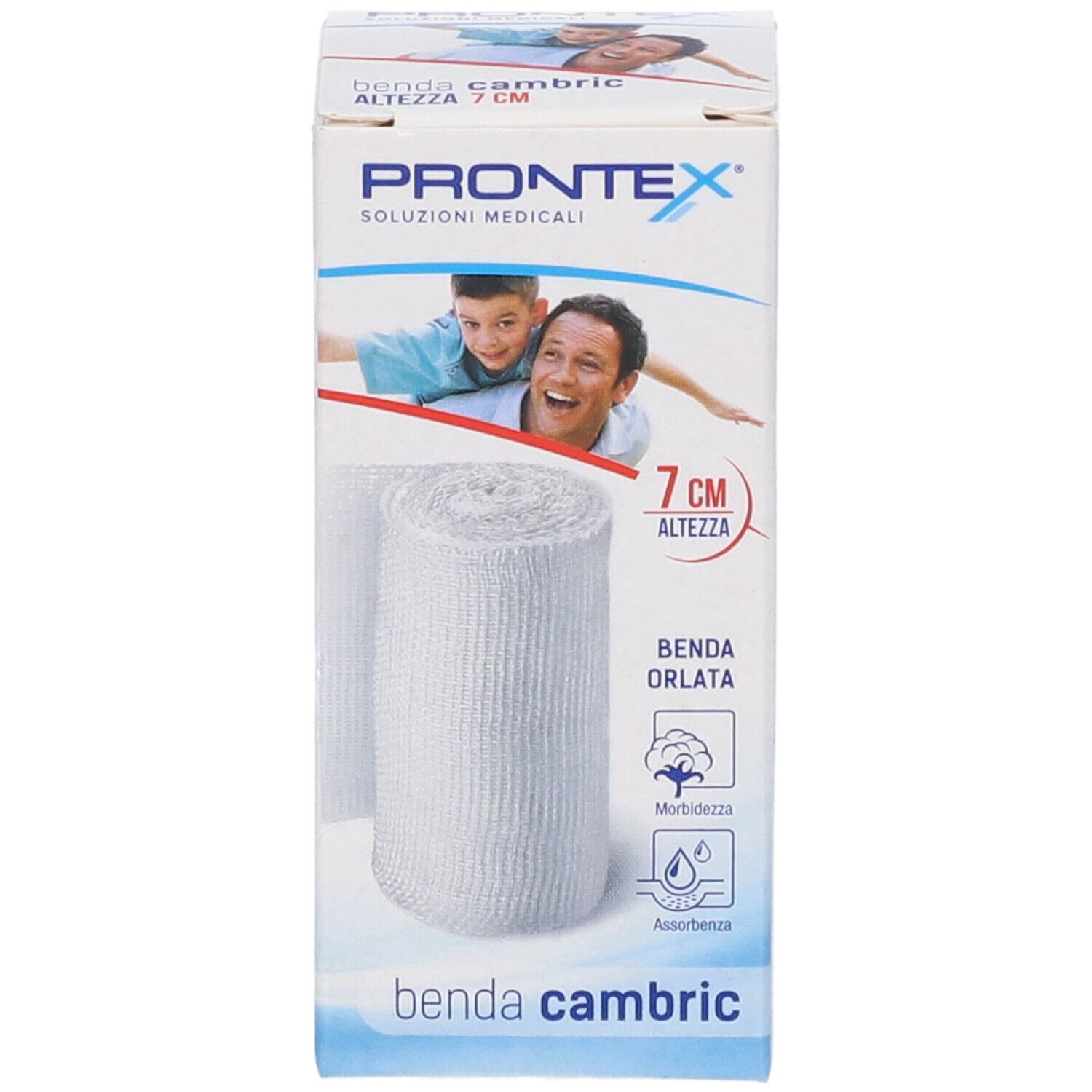 Benda Prontex, altezza 7 cm, in confezione. Scritte: Benda cambric, 7 cm, Benda orlata, assorbenza, morbidezza.