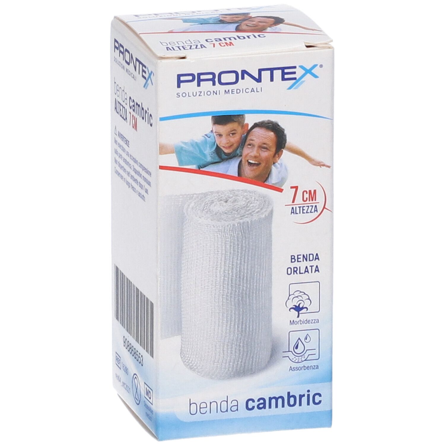 Benda Prontex, altezza 7 cm, in confezione. Scritte: Benda cambric, 7 cm, Benda orlata, assorbenza, morbidezza.