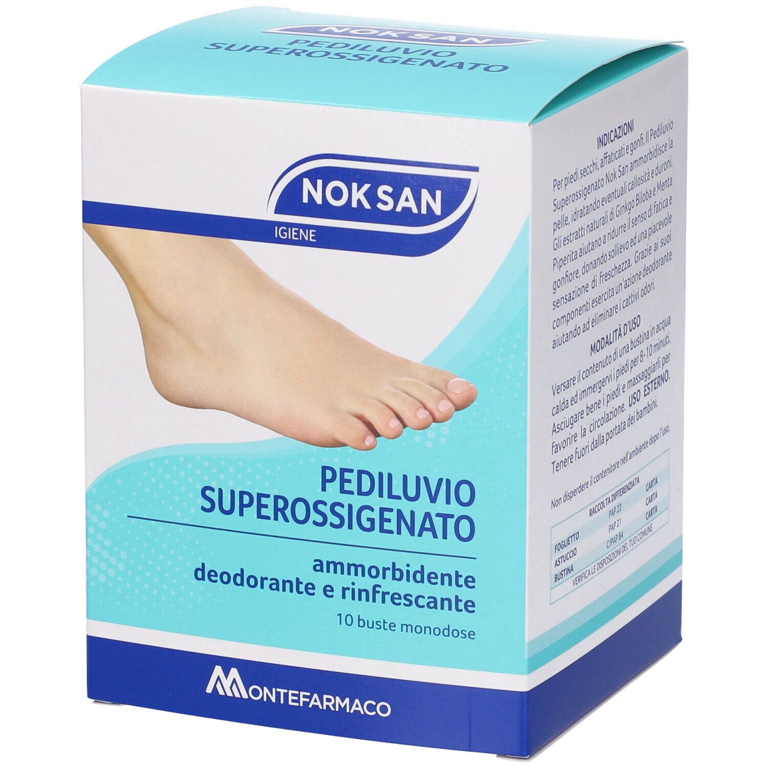 Scatola di NOK SAN Pediluvio Superossigenato. Nome prodotto, immagine piede e 10 bustine.
