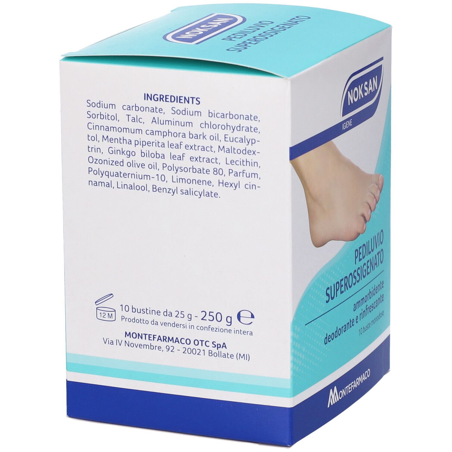 Scatola di NOK SAN Pediluvio Superossigenato. Ingredienti e informazioni sul produttore.