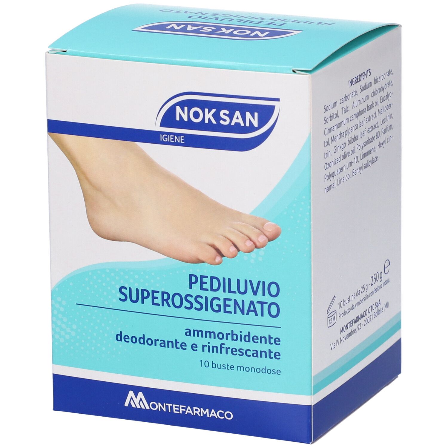 Scatola di NOK SAN Pediluvio Superossigenato. Nome prodotto, immagine piede e 10 bustine.