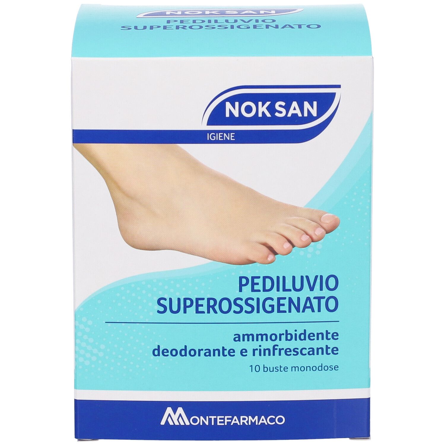 Scatola di NOK SAN Pediluvio Superossigenato. Nome prodotto, immagine piede e 10 bustine.