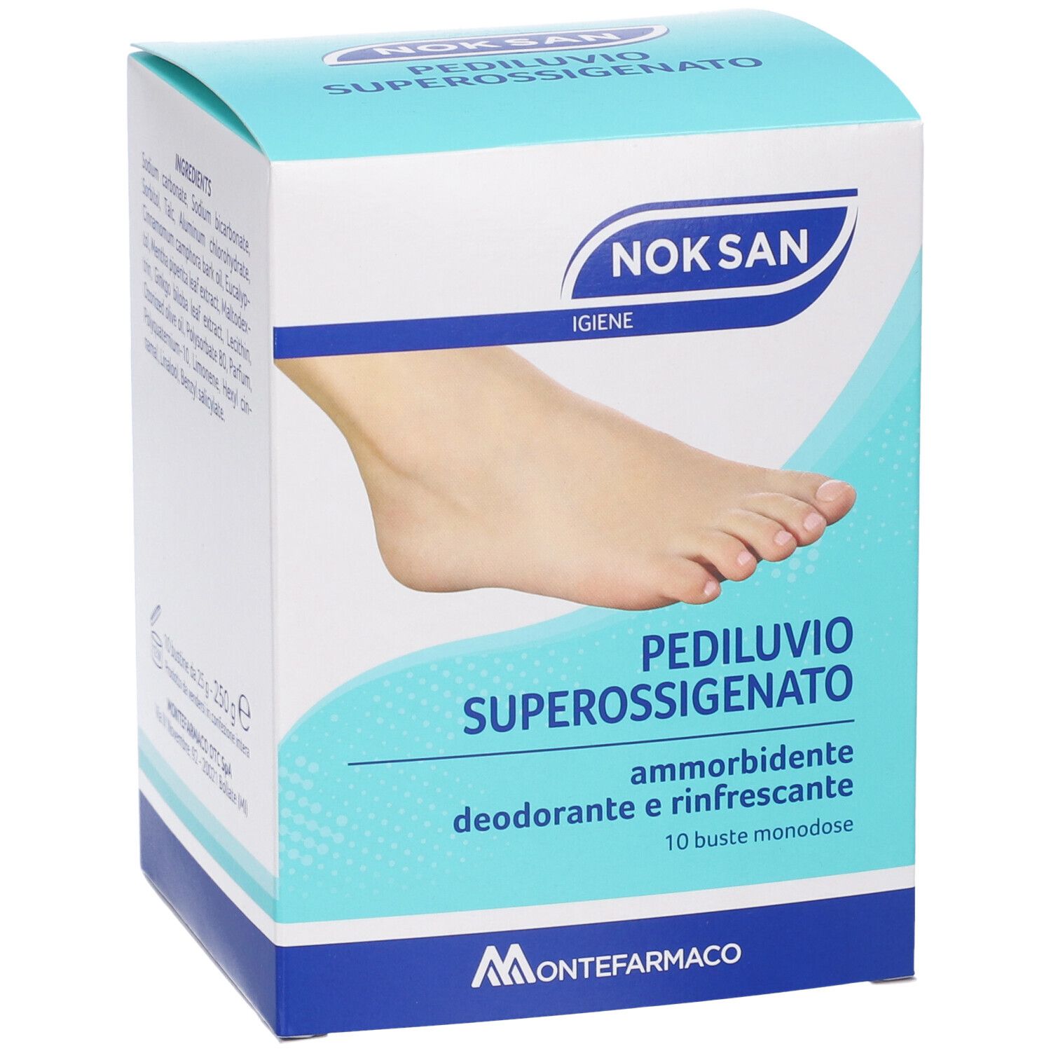 Scatola di NOK SAN Pediluvio Superossigenato. Nome prodotto, immagine piede e 10 bustine.