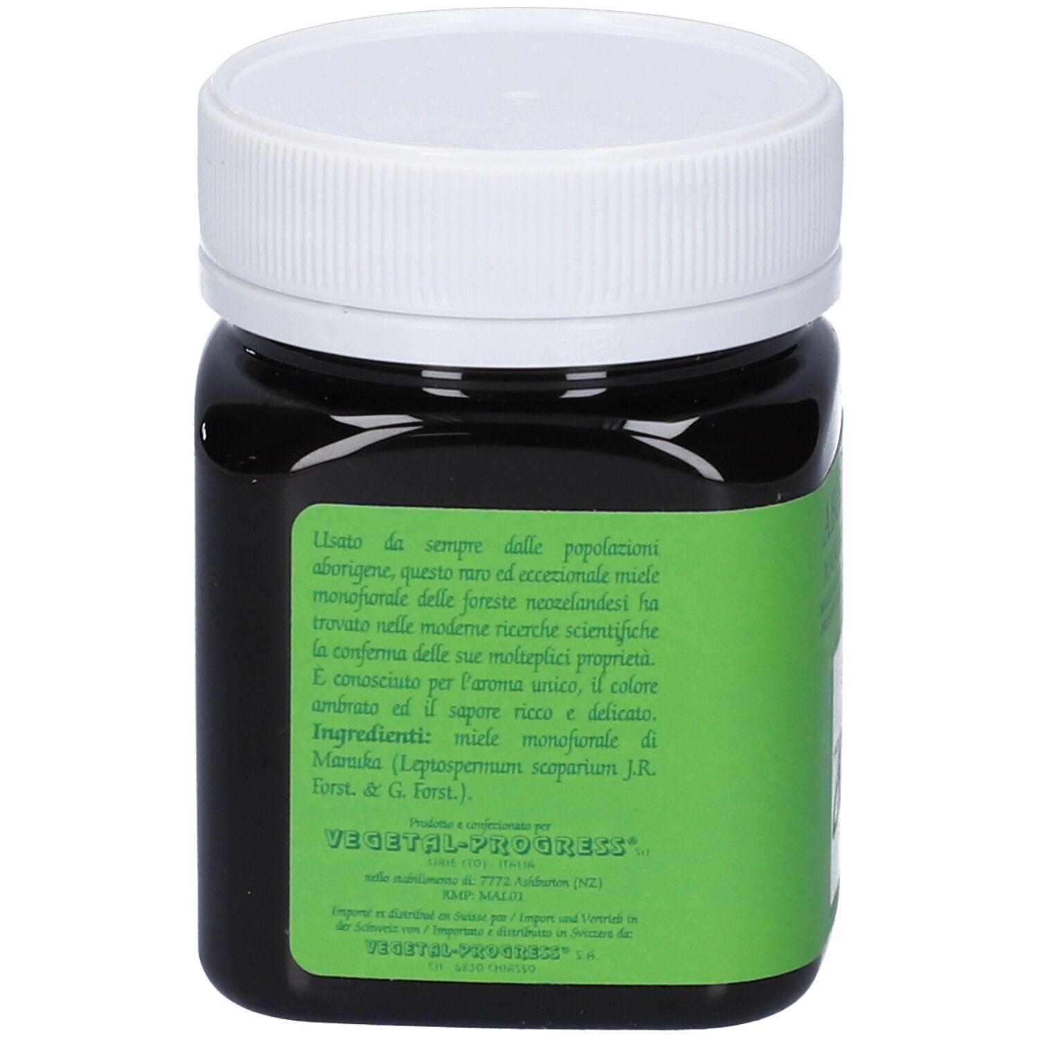 Retro di un barattolo di Miele di Manuka Aborigen con informazioni dettagliate sul prodotto in italiano.