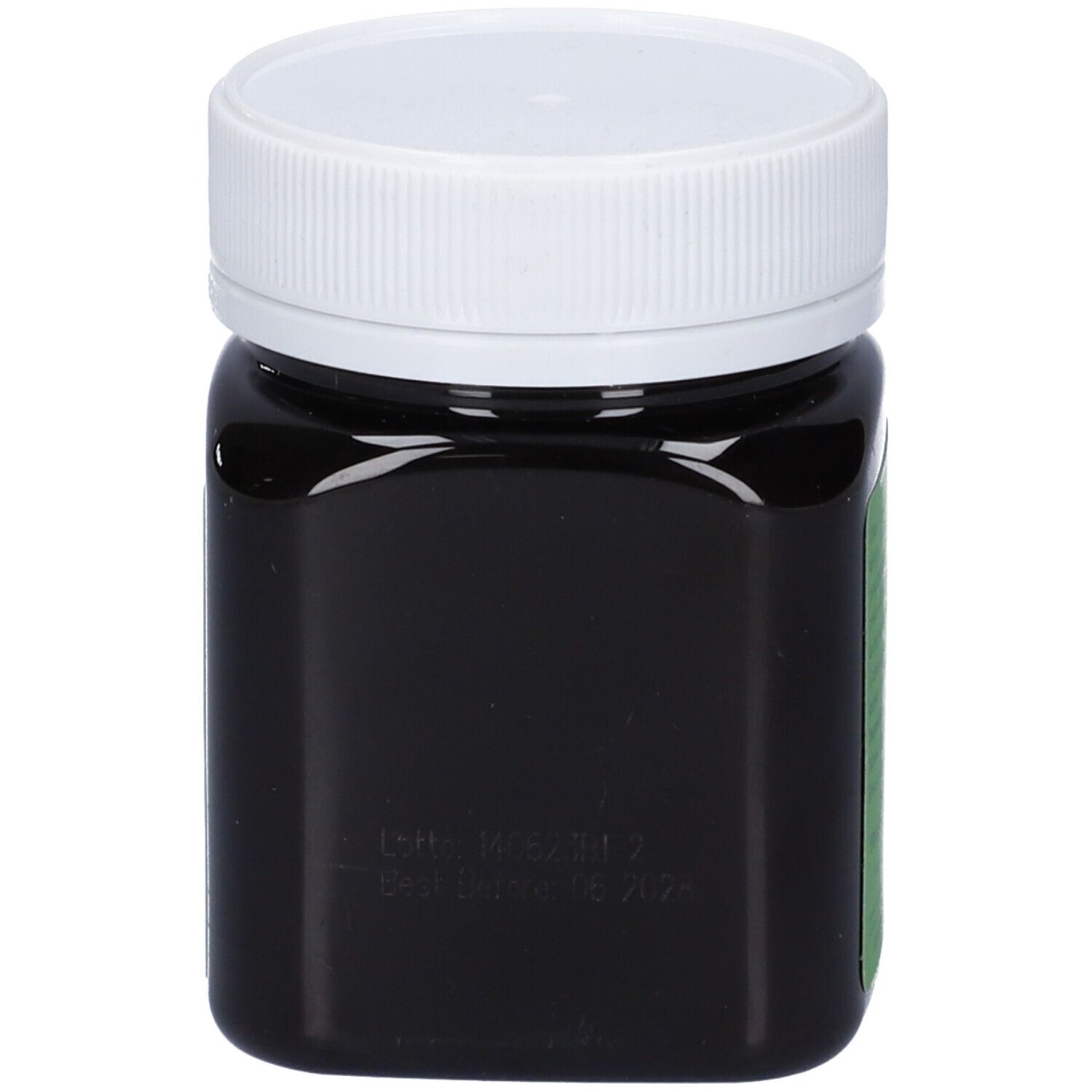 Barattolo di Miele di Manuka Aborigen, vista posteriore, con codice lotto e data di scadenza visibili.