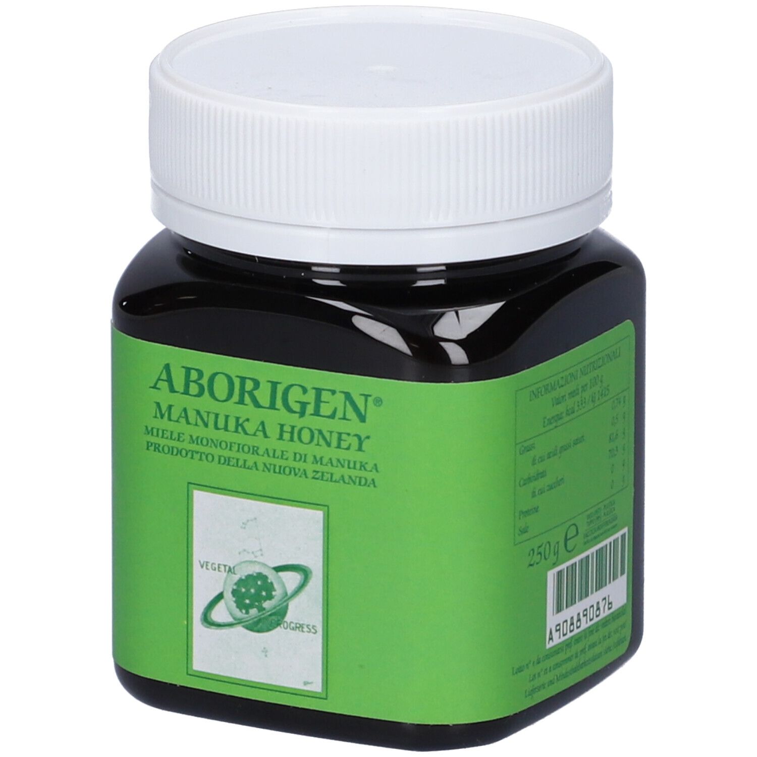 Barattolo di Miele di Manuka Aborigen con etichetta indicante '250g e' e numero di prodotto.