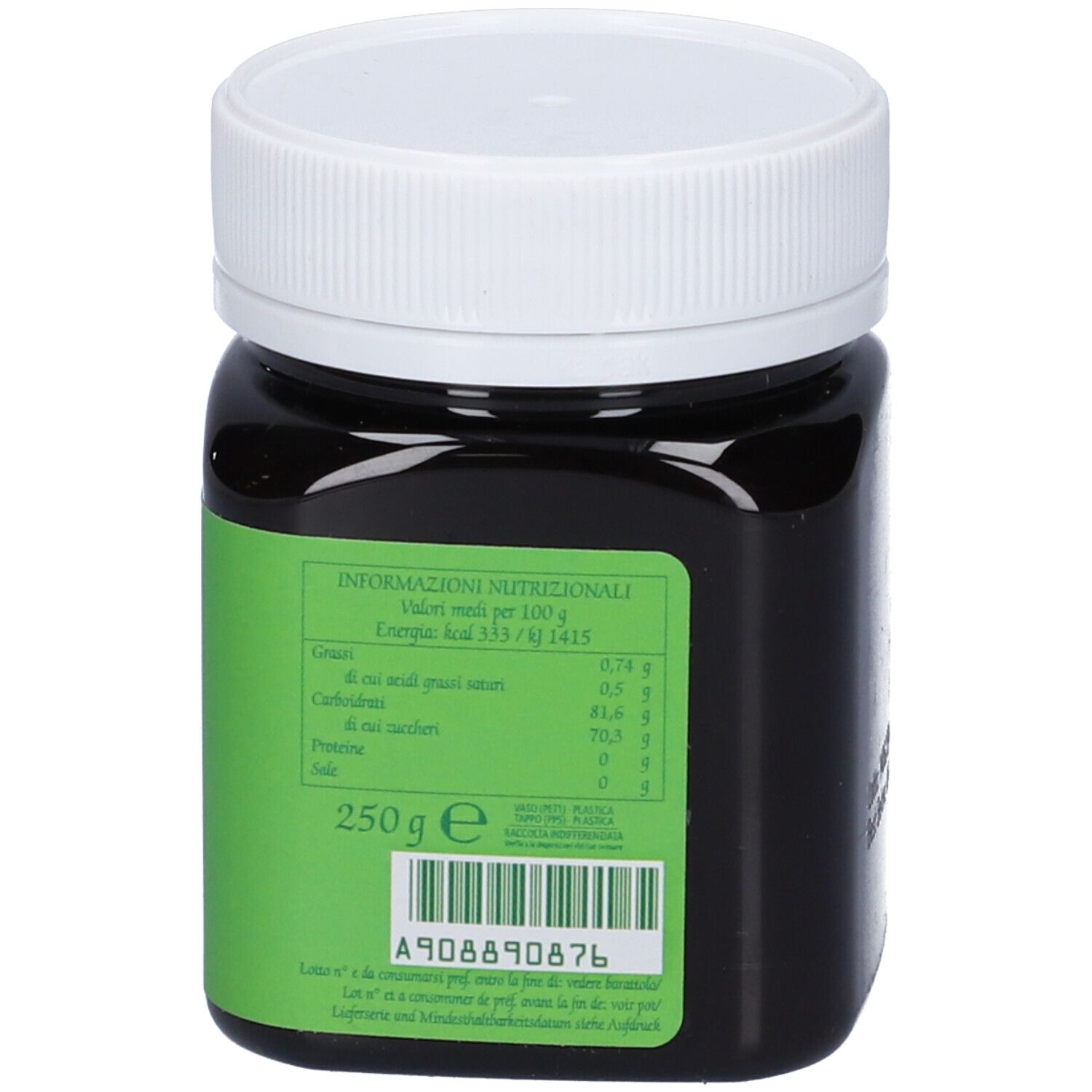 Retro di un barattolo di Miele di Manuka Aborigen con informazioni nutrizionali e peso '250g e'.
