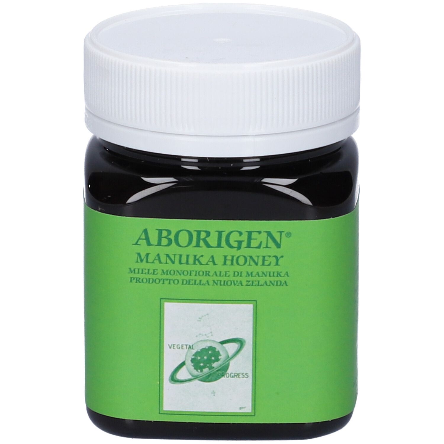 Miele di Manuka Aborigen in un barattolo di vetro scuro con tappo bianco ed etichetta verde.