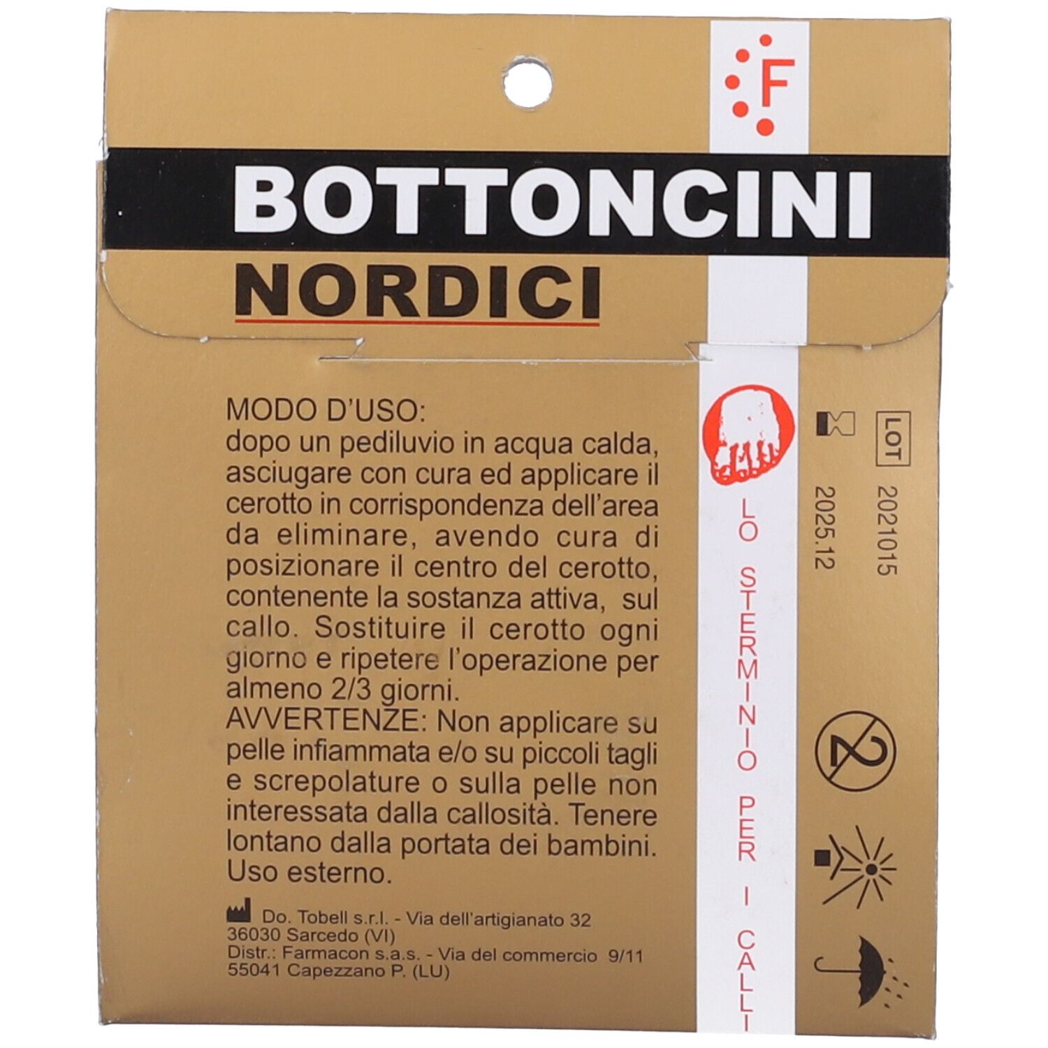 Retro confezione "Bottoncini Nordici". Istruzioni per l'uso e numero di lotto. Sfondo marrone.