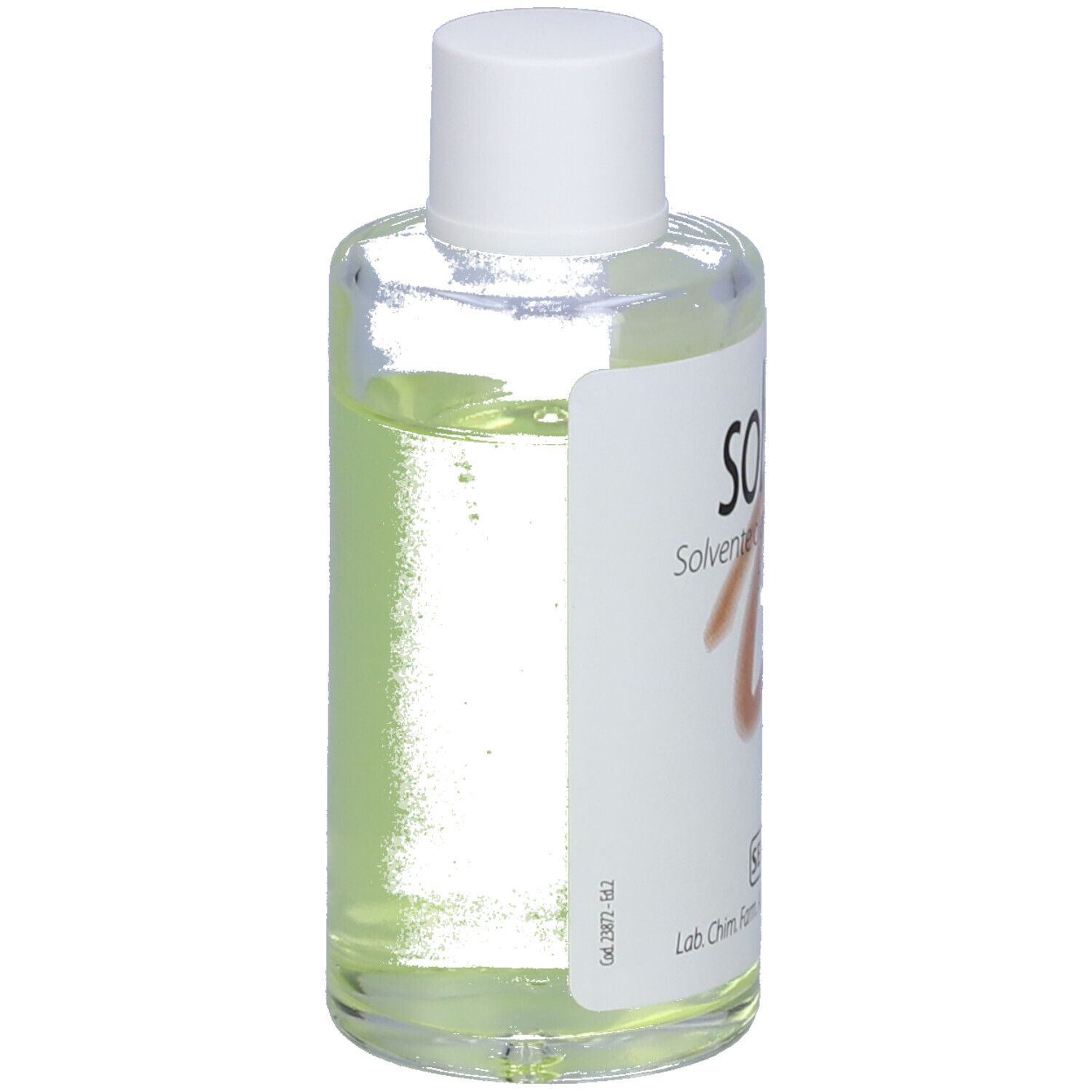 Flacone trasparente con tappo bianco. Scritta: solvex, Solvente oleoso per smalti. Marchio: SELLA.