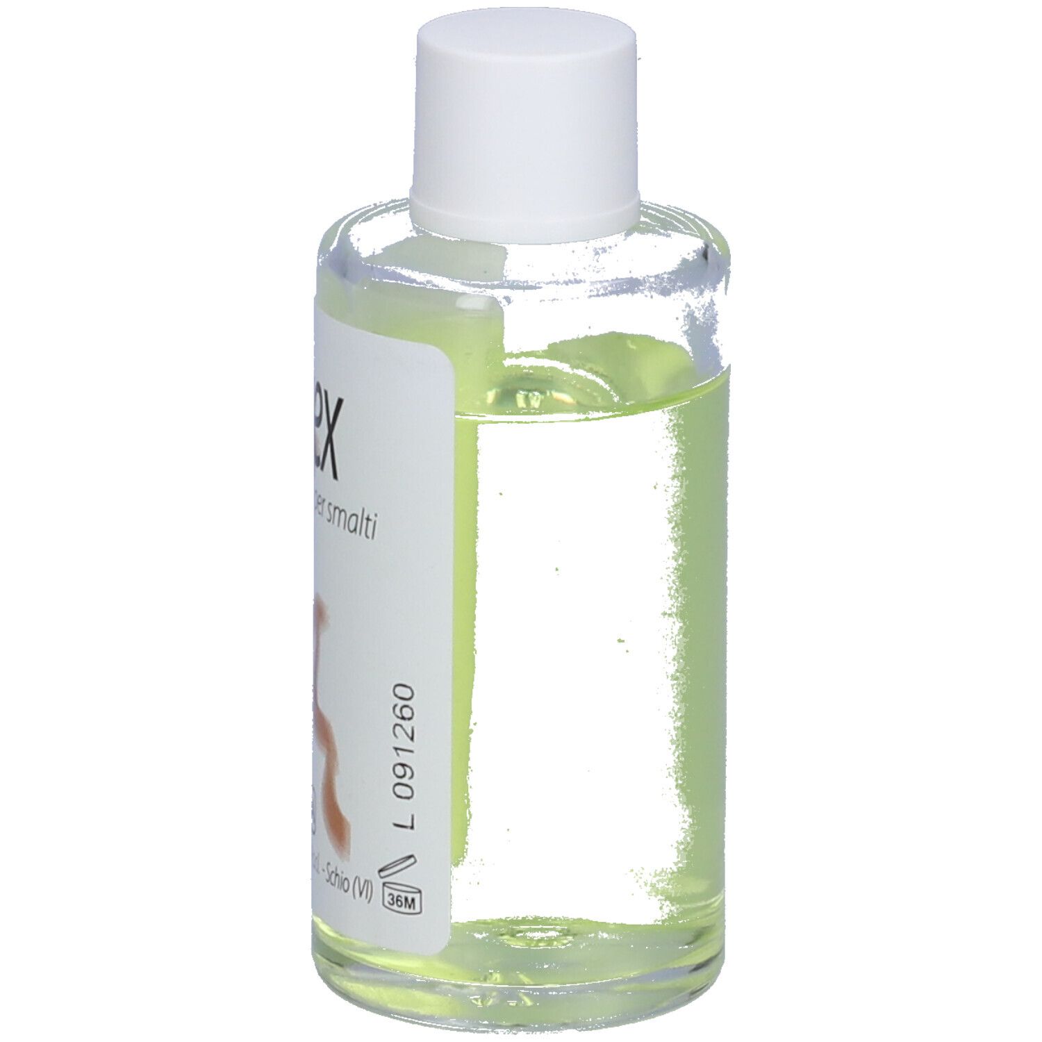 Flacone trasparente con tappo bianco. Scritta: solvex, Solvente oleoso per smalti. Marchio: SELLA.