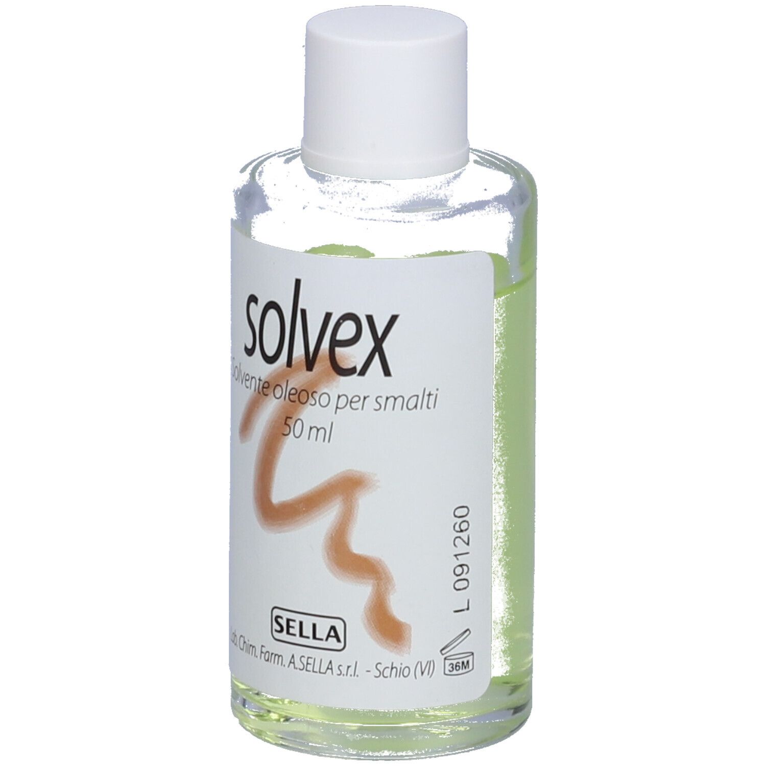 Flacone trasparente con tappo bianco. Scritta: solvex, Solvente oleoso per smalti, 50 ml. Marchio: SELLA.
