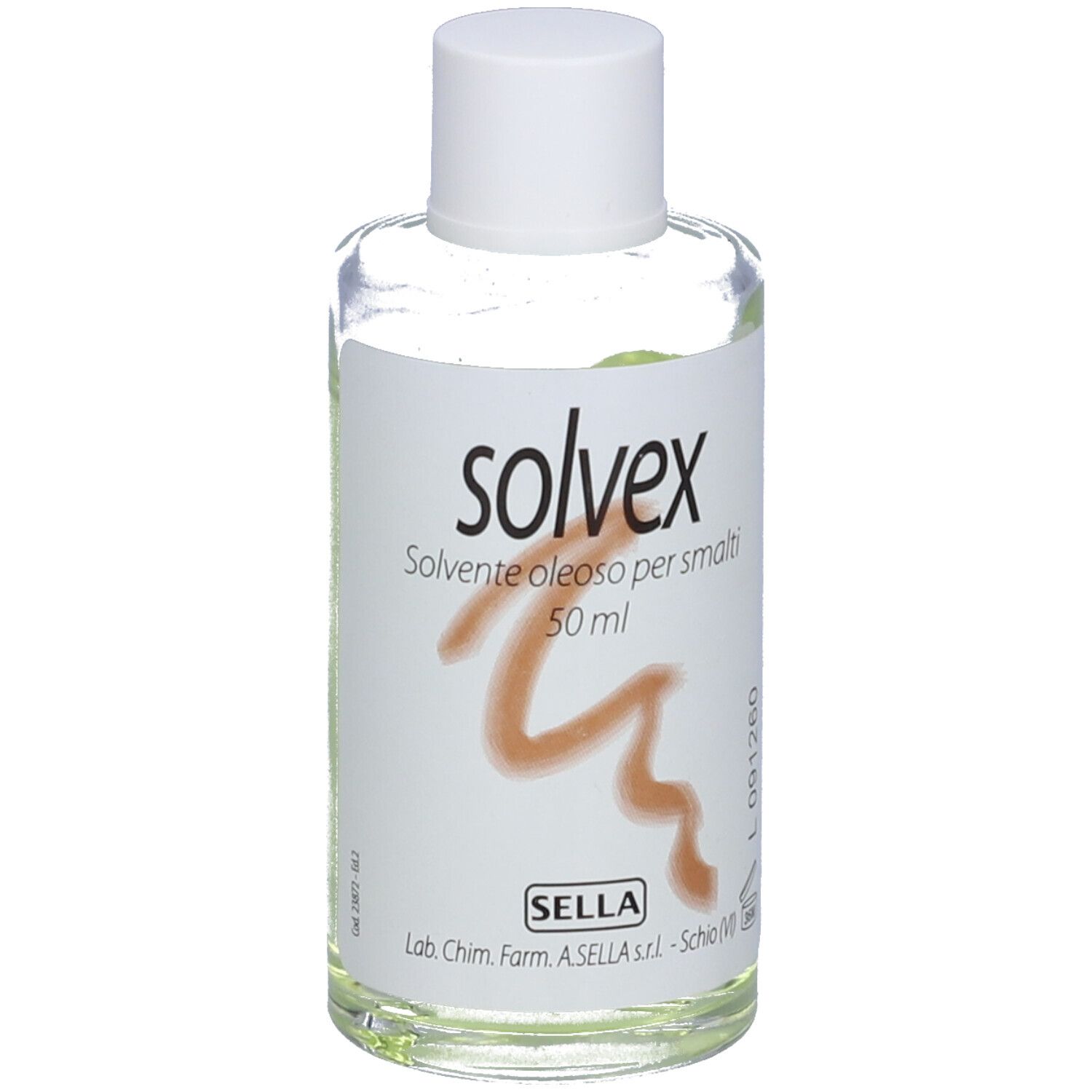 Flacone trasparente con tappo bianco. Scritta: solvex, Solvente oleoso per smalti, 50 ml. Marchio: SELLA.
