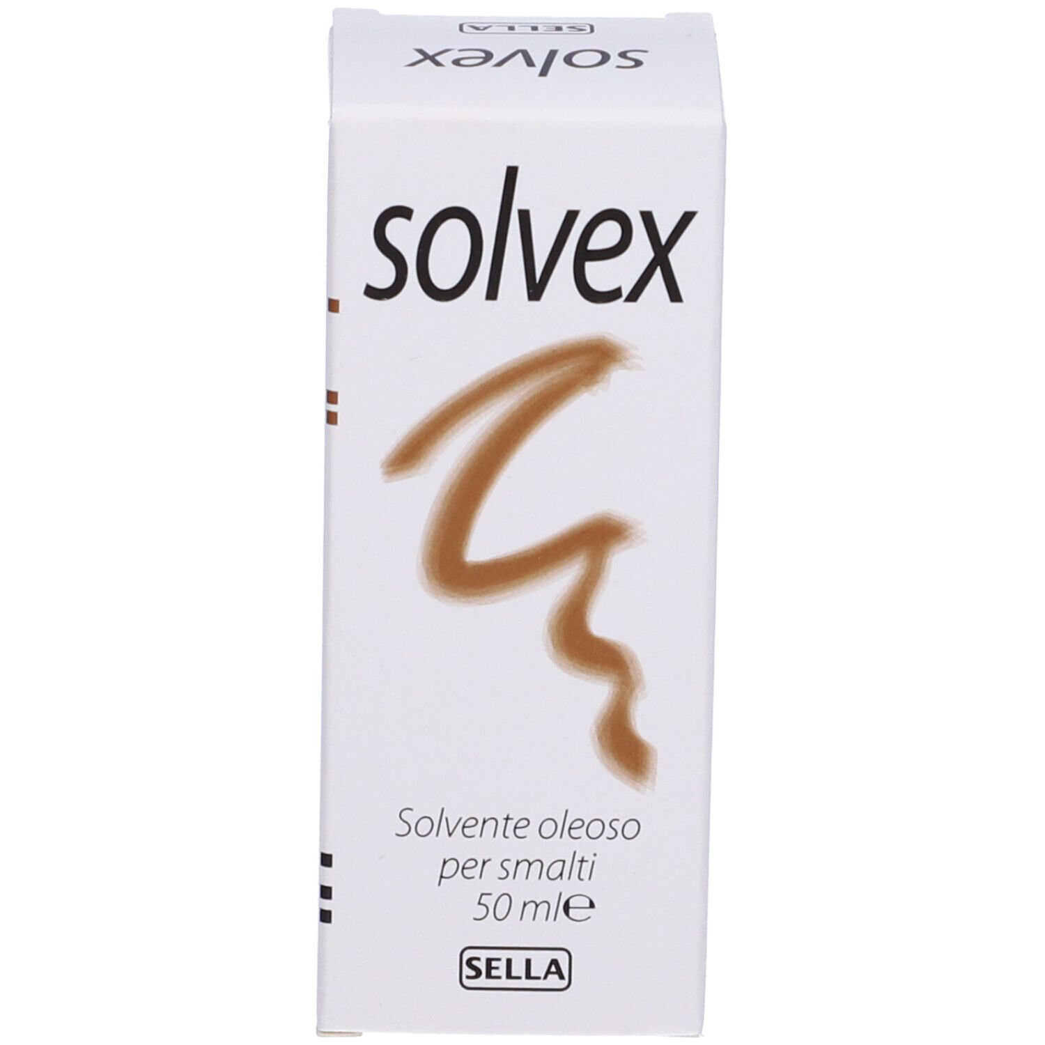 Confezione del prodotto. Scritta: solvex, Solvente oleoso per smalti, 50 ml. Marchio: SELLA.