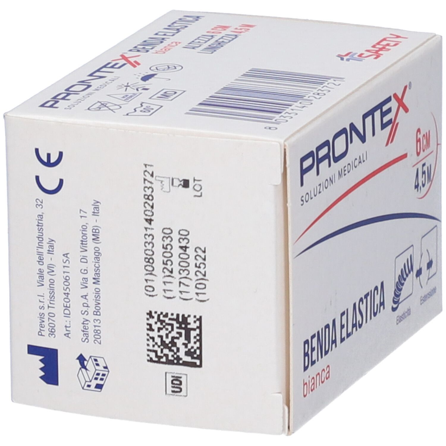 Scatola bianca con informazioni sul prodotto. Scritto: Prontex Benda Elastica Bianca, 6 cm x 4,5 m. Marchio CE.