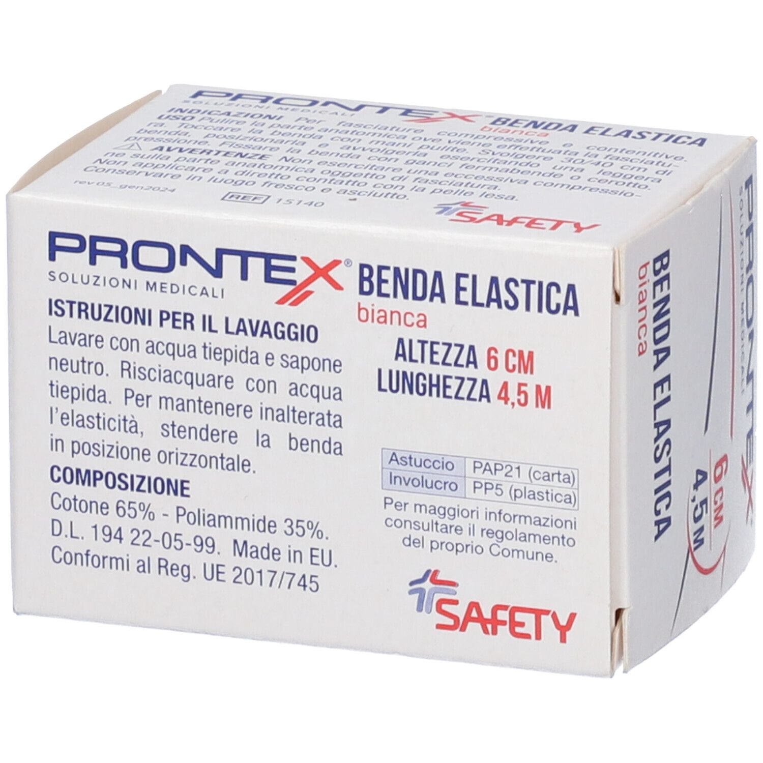 Scatola bianca con informazioni sul prodotto e istruzioni di lavaggio. Scritto: Prontex Benda Elastica Bianca, 6 cm x 4,5 m. Logo di sicurezza.