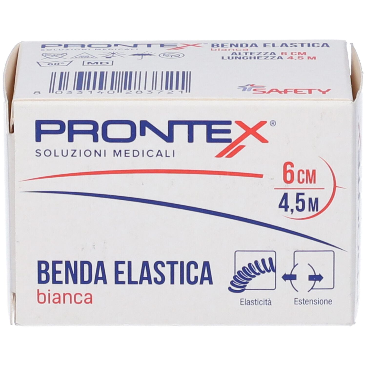 Scatola bianca con grafica rossa e blu. Scritto: Prontex Benda Elastica Bianca, 6 cm x 4,5 m. Logo di sicurezza.
