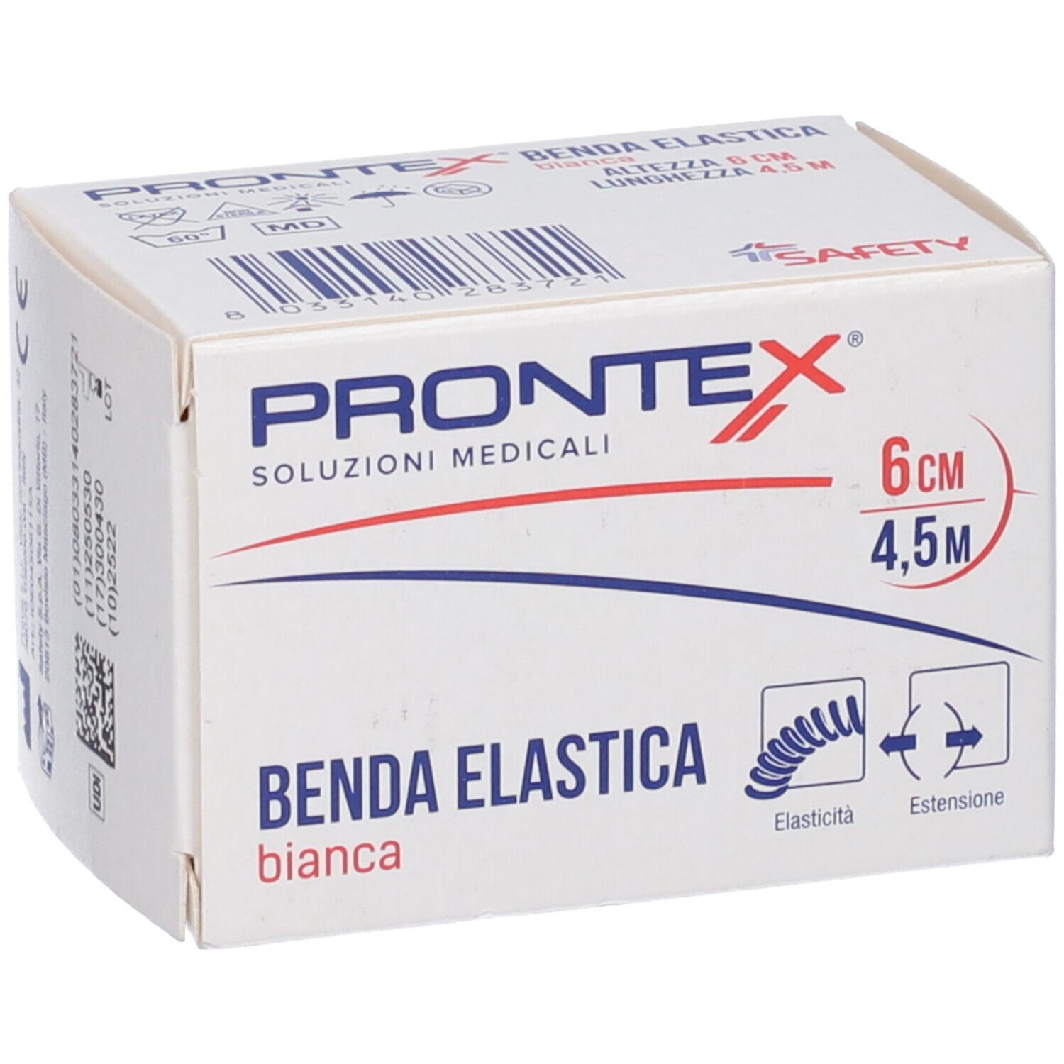 Scatola bianca con grafica rossa e blu. Scritto: Prontex Benda Elastica Bianca, 6 cm x 4,5 m. Logo di sicurezza.