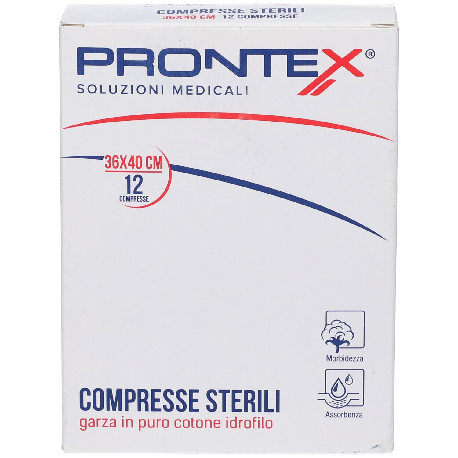 Prontex Compresse sterili, 36x40 cm, 12 compresse, garza in puro cotone idrofilo.