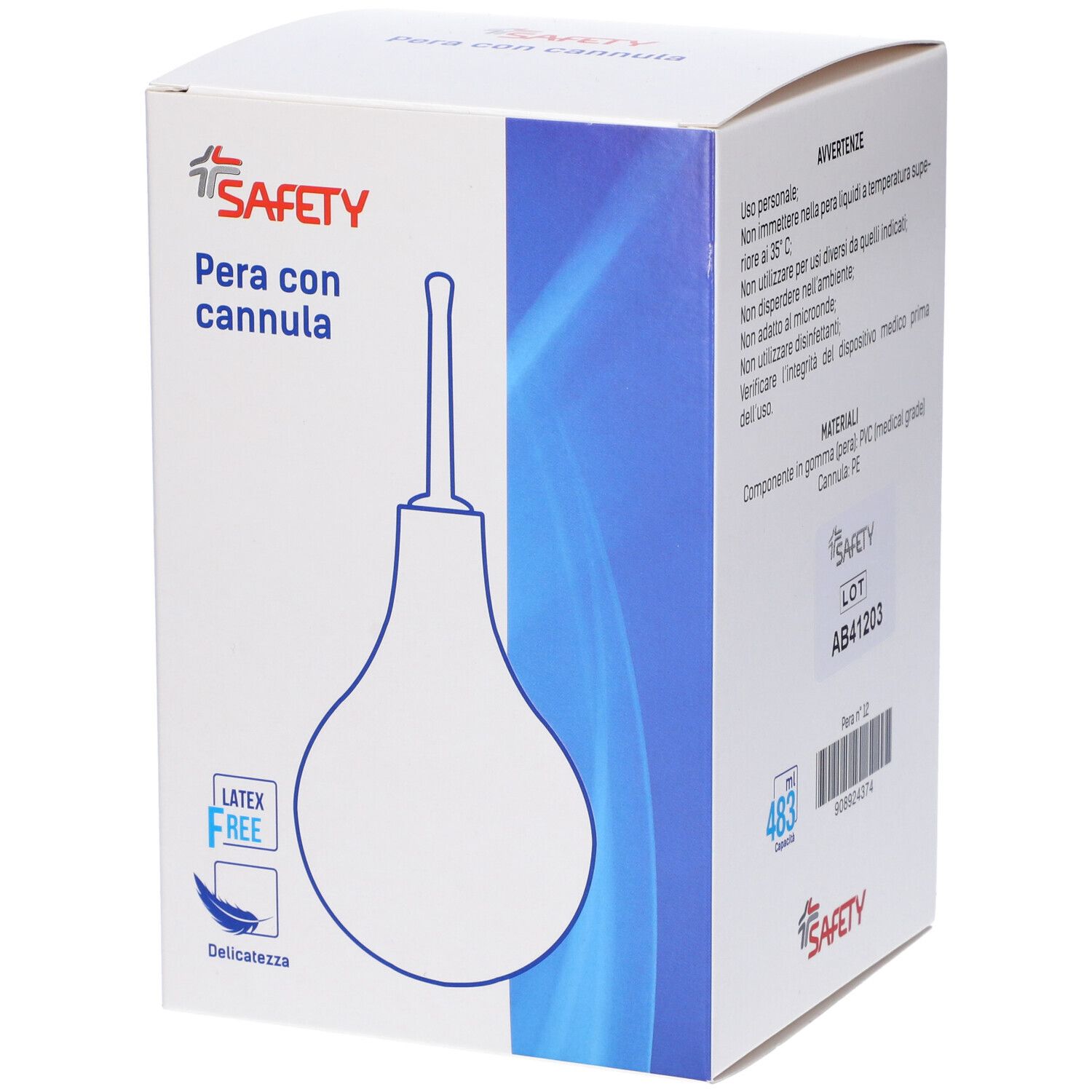 Scatola "Pera con cannula". Marchio Safety. Senza lattice. Iscrizioni: istruzioni per l'uso, ingredienti, numero di lotto.