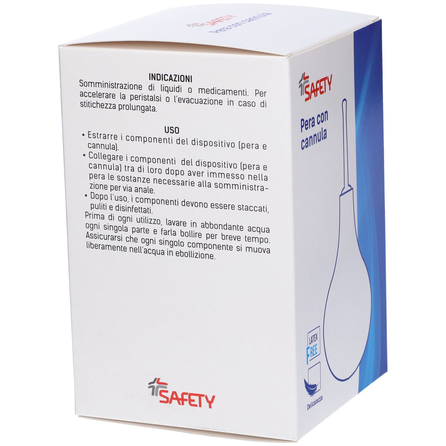 Scatola "Pera con cannula". Marchio Safety. Senza lattice. Iscrizioni: istruzioni per l'uso, ingredienti, numero di lotto.