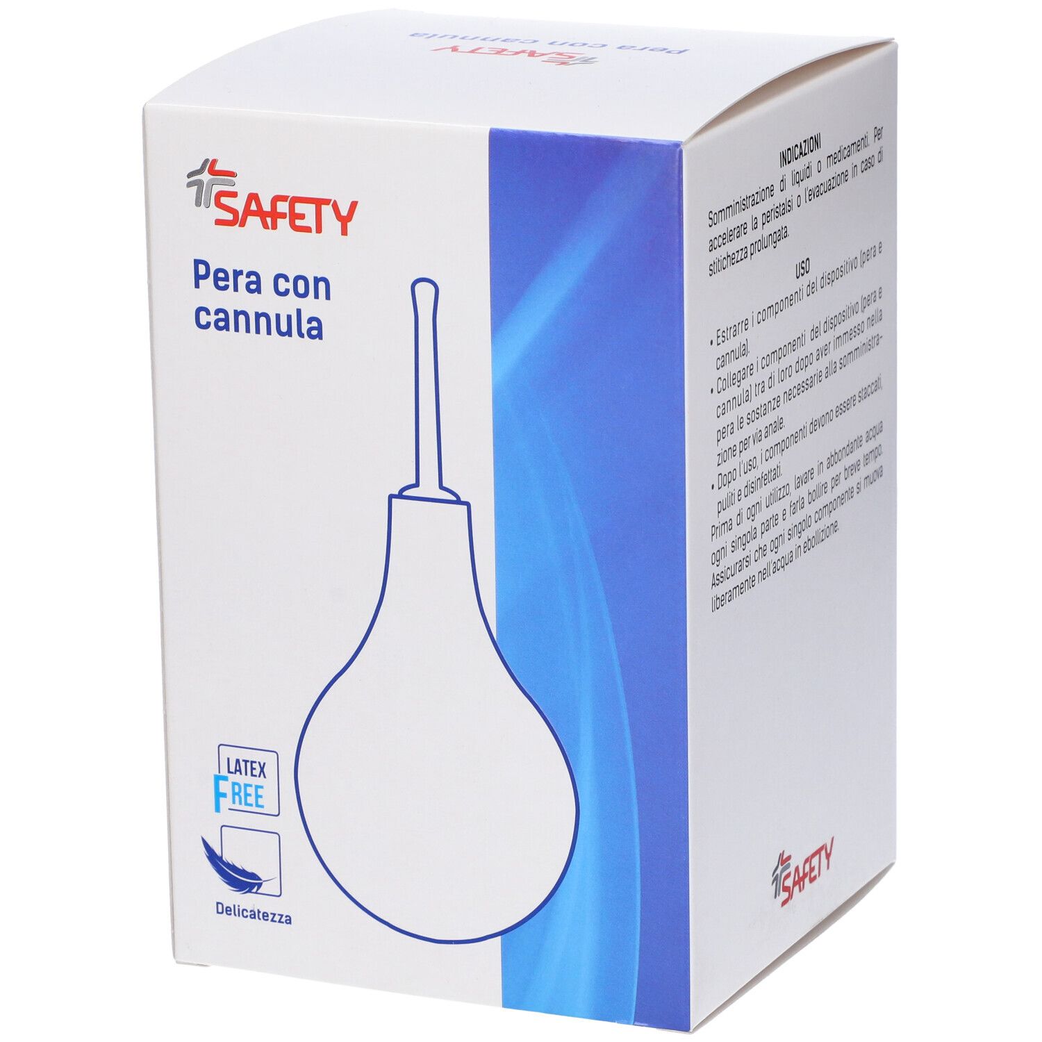 Scatola "Pera con cannula". Marchio Safety. Senza lattice. Iscrizioni: istruzioni per l'uso, ingredienti, numero di lotto.