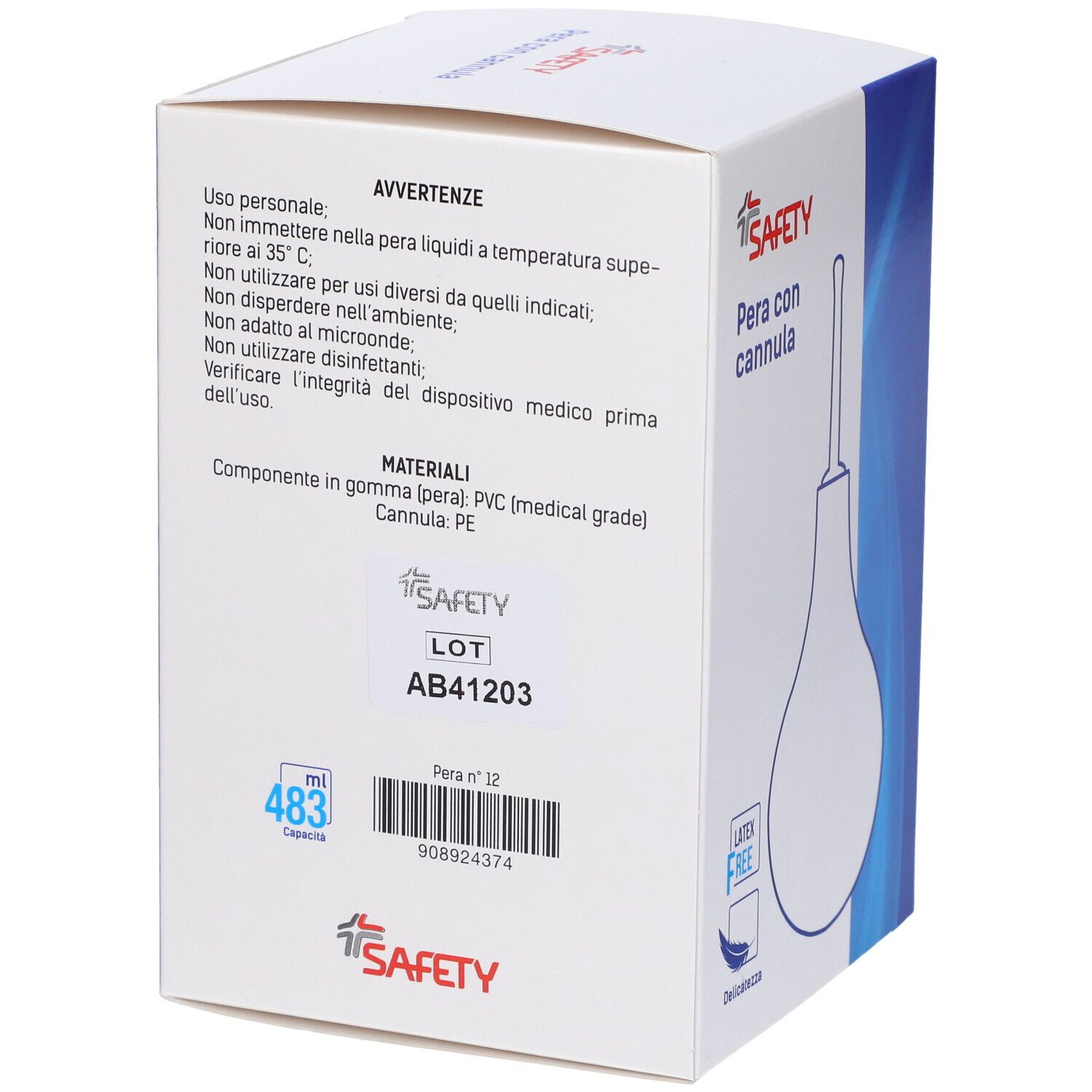Scatola "Pera con cannula". Marchio Safety. Senza lattice. Iscrizioni: avvertenze, informazioni sui materiali, numero di lotto.