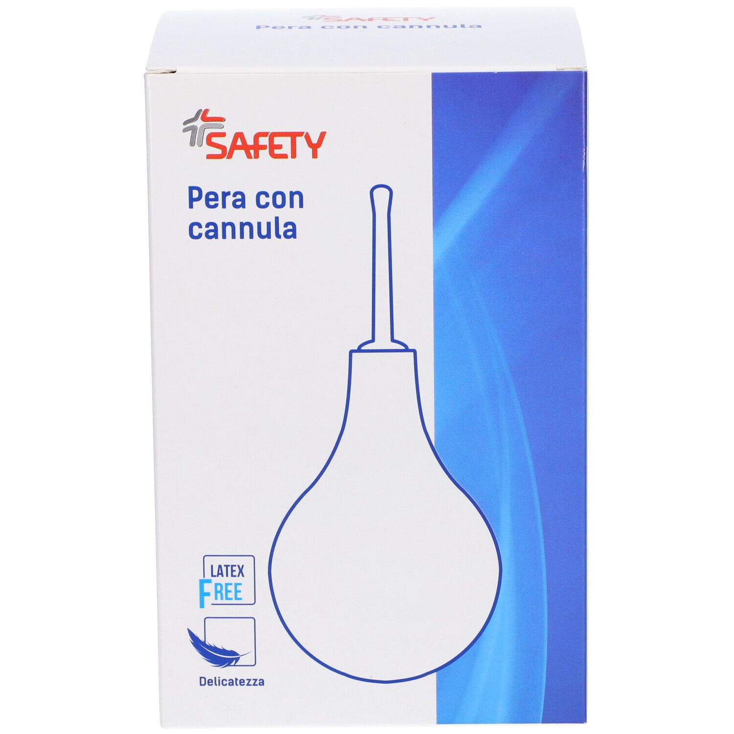 Scatola "Pera con cannula". Marchio Safety. Senza lattice. Iscrizioni: avvertenze, informazioni sui materiali, numero di lotto.