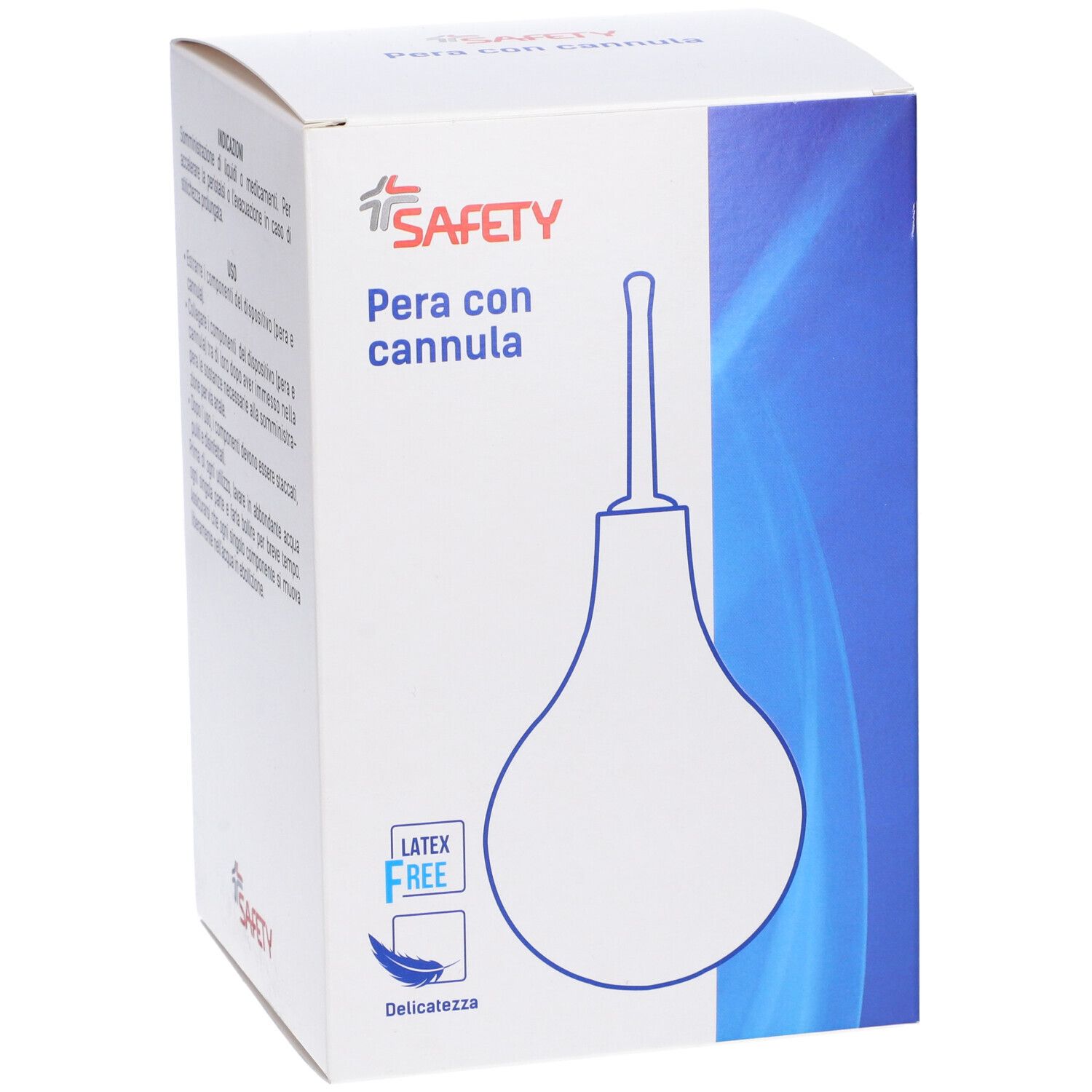 Scatola "Pera con cannula". Marchio Safety. Senza lattice. Immagine di una pera bianca con cannula.