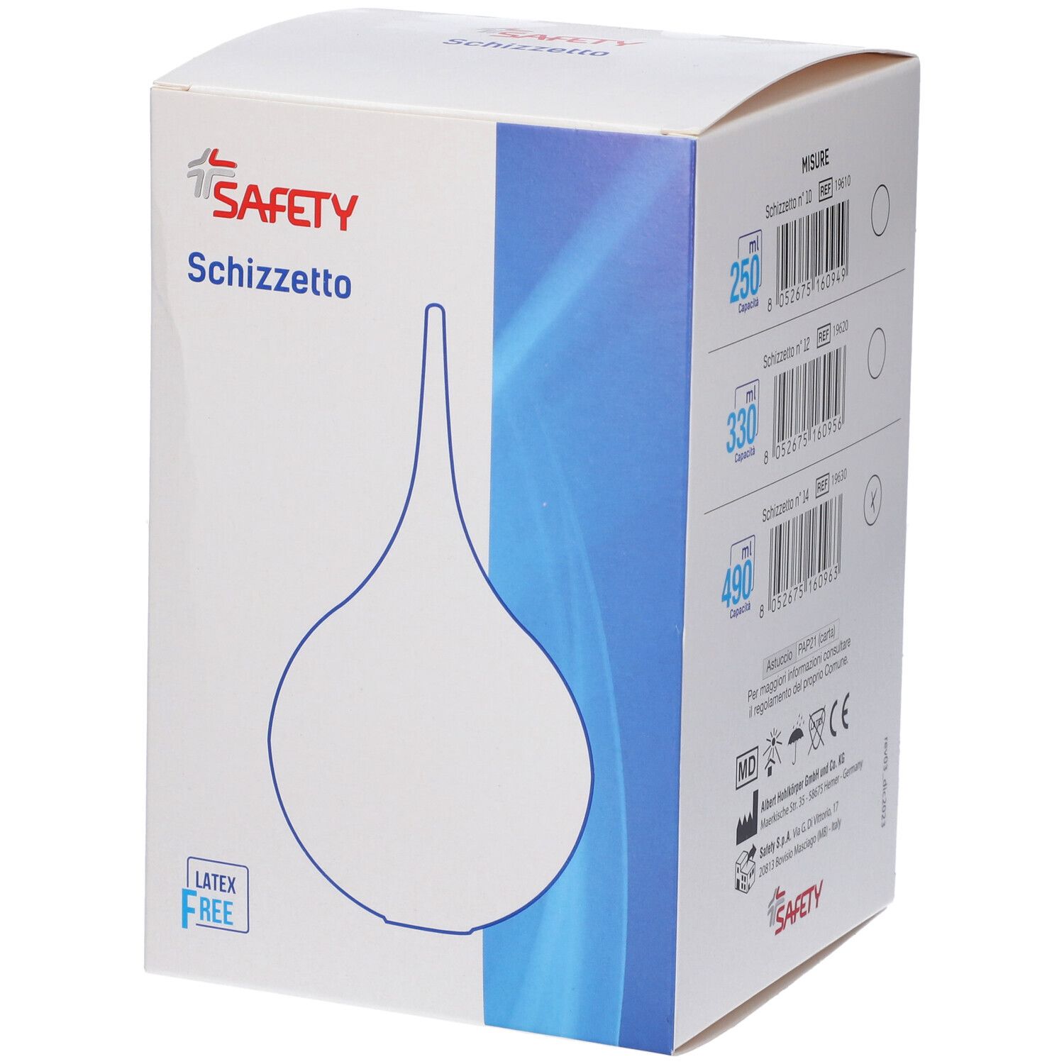Confezione con immagine del prodotto. Nome: Schizzetto. Marchio: SAFETY. Latex Free.