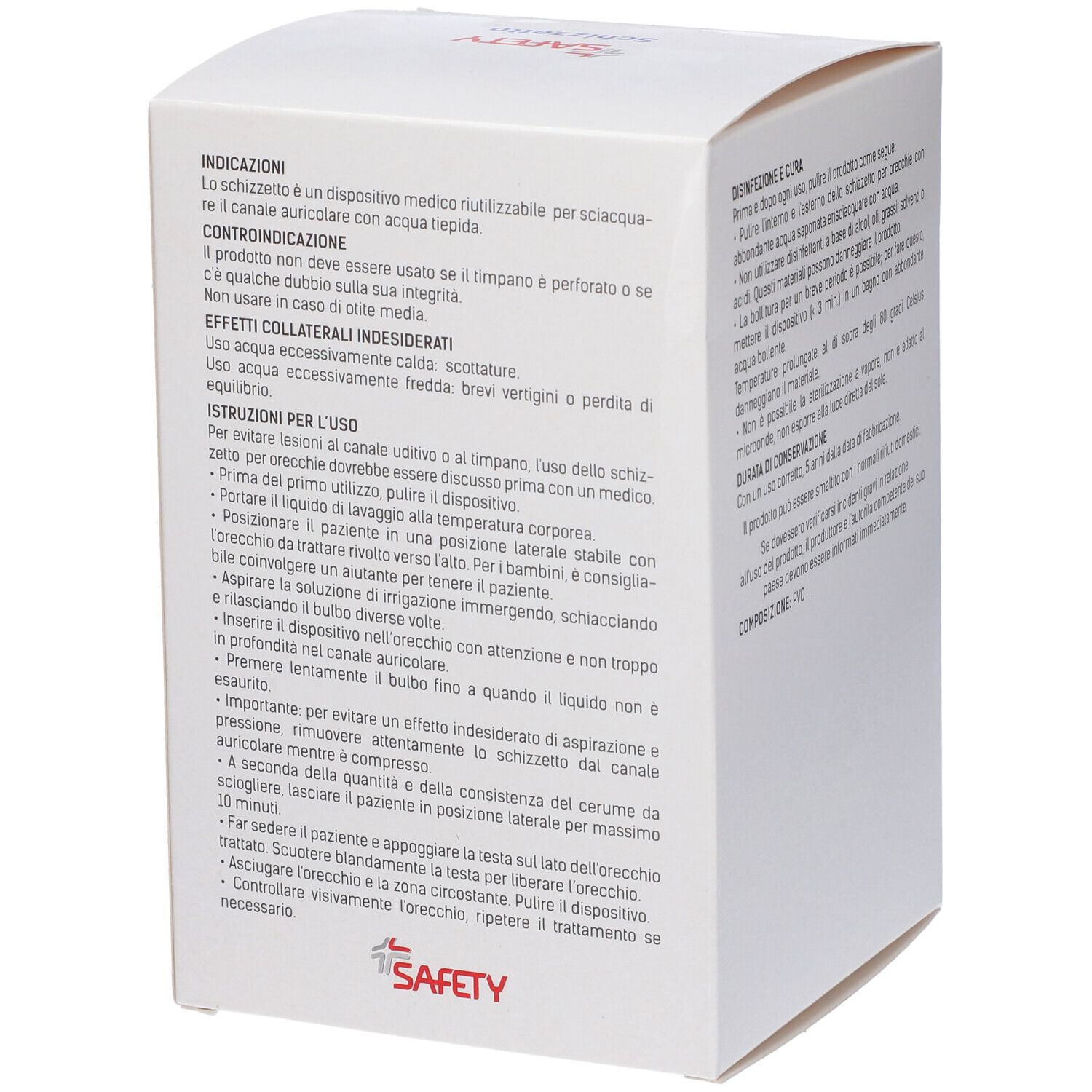 Confezione con testo. Nome: Schizzetto. Marchio: SAFETY. Istruzioni per l'uso e precauzioni.