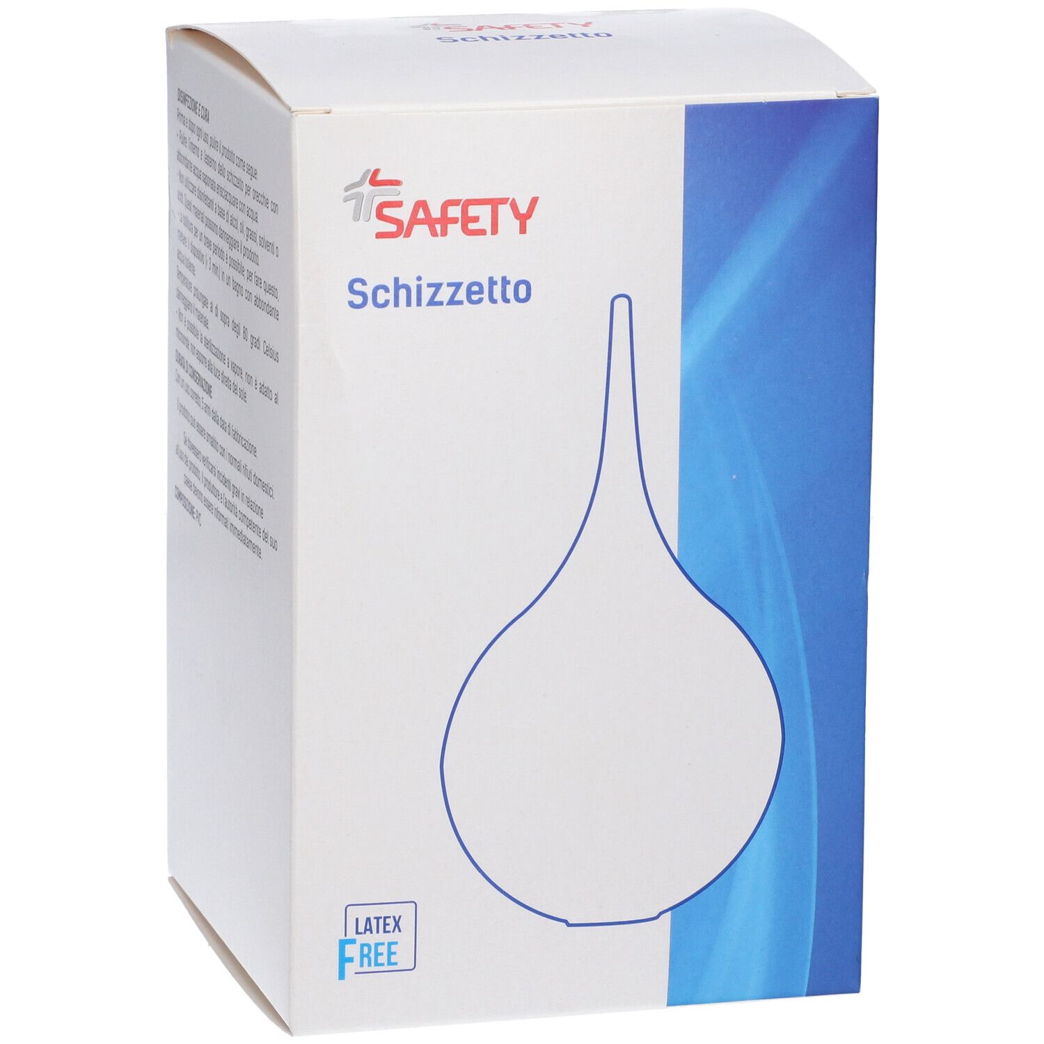 Immagine del prodotto sulla confezione. Nome: Schizzetto. Marchio: SAFETY. Latex Free.