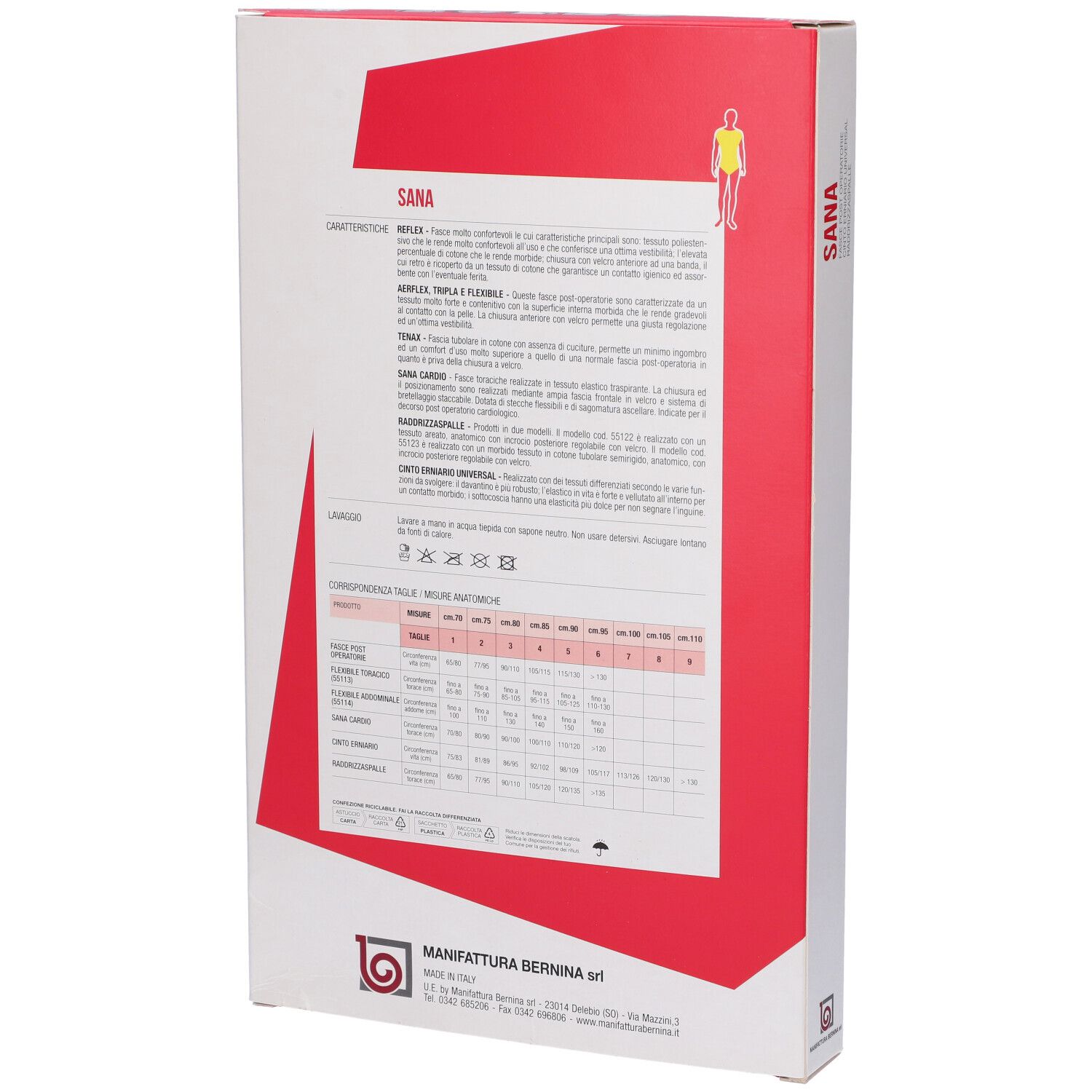Retro della confezione con testo e tabella taglie. Scritto: SANA. Produttore: MANIFATTURA BERNINA srl.