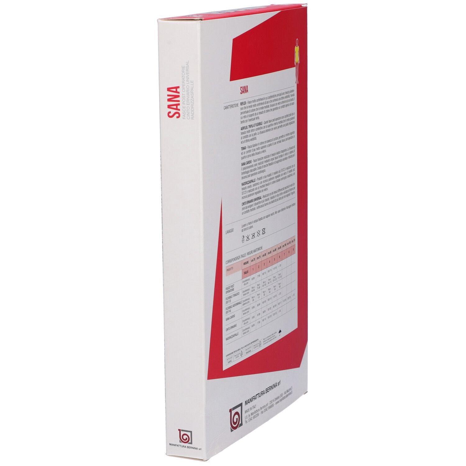 Confezione bianca stretta con testo rosso. Scritto: SANA. Logo del produttore e marchio CE.
