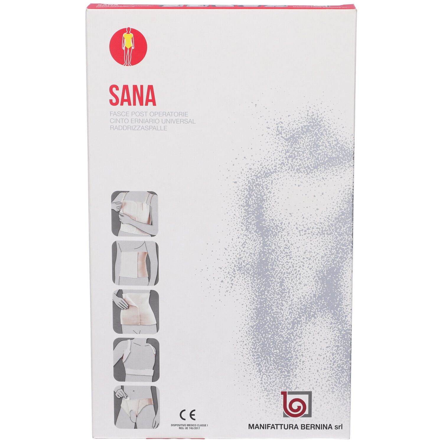 Scatola con immagini e testo del prodotto. Scritto: SANA, marchio CE. Produttore: MANIFATTURA BERNINA srl.