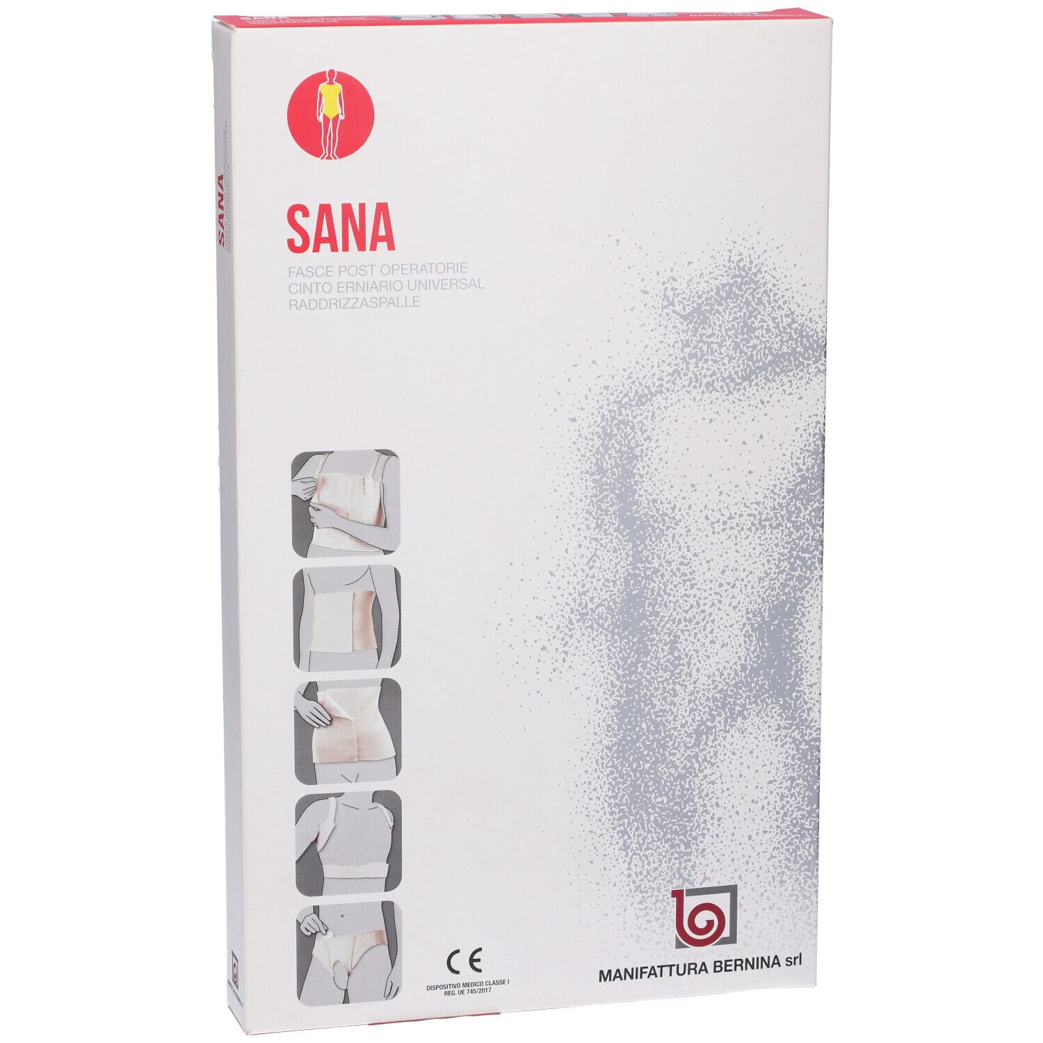 Scatola con immagini e testo del prodotto. Scritto: SANA, marchio CE. Produttore: MANIFATTURA BERNINA srl.