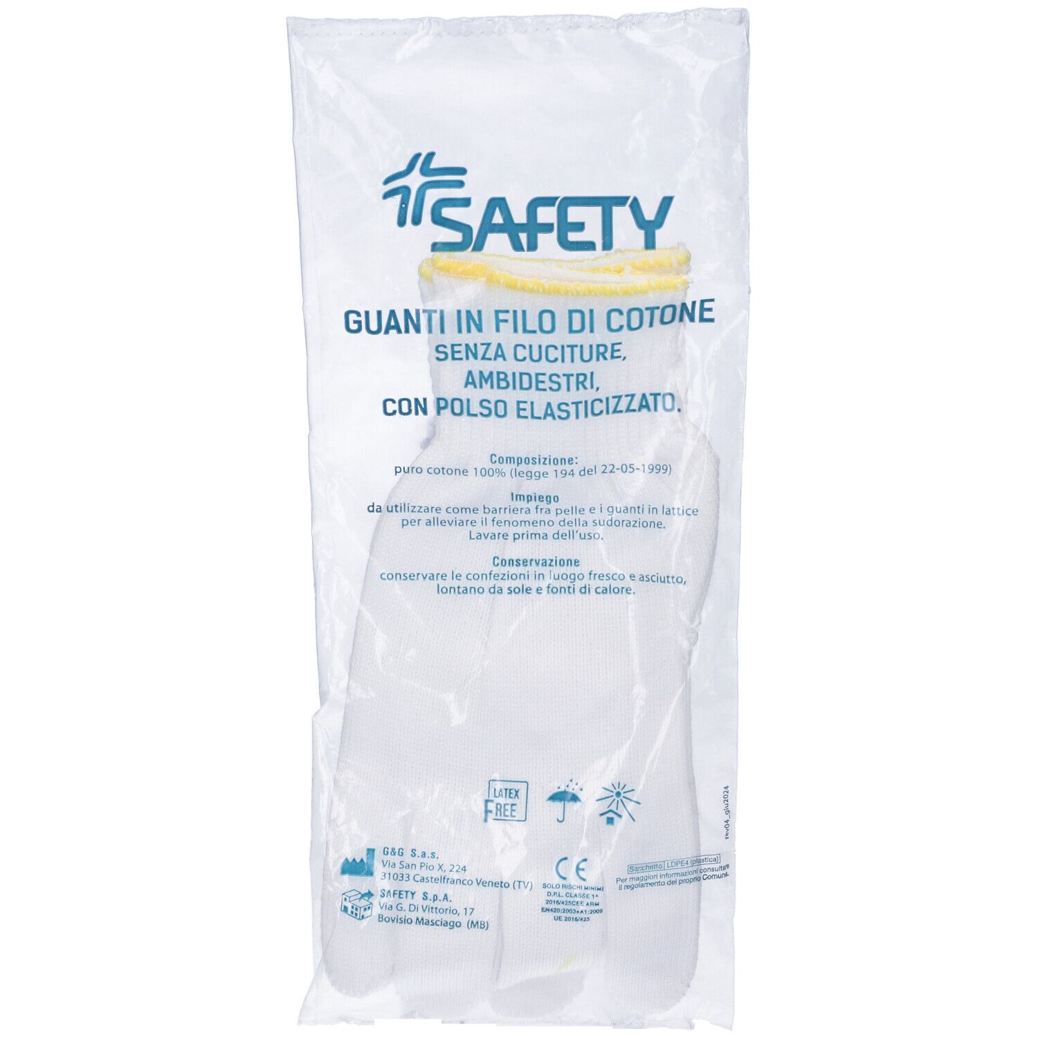 Confezione di guanti in cotone bianco. Testo: 'GUANTI IN FILO DI COTONE SENZA CUCITURE, AMBIDESTRI, CON POLSO ELASTICIZZATO'.