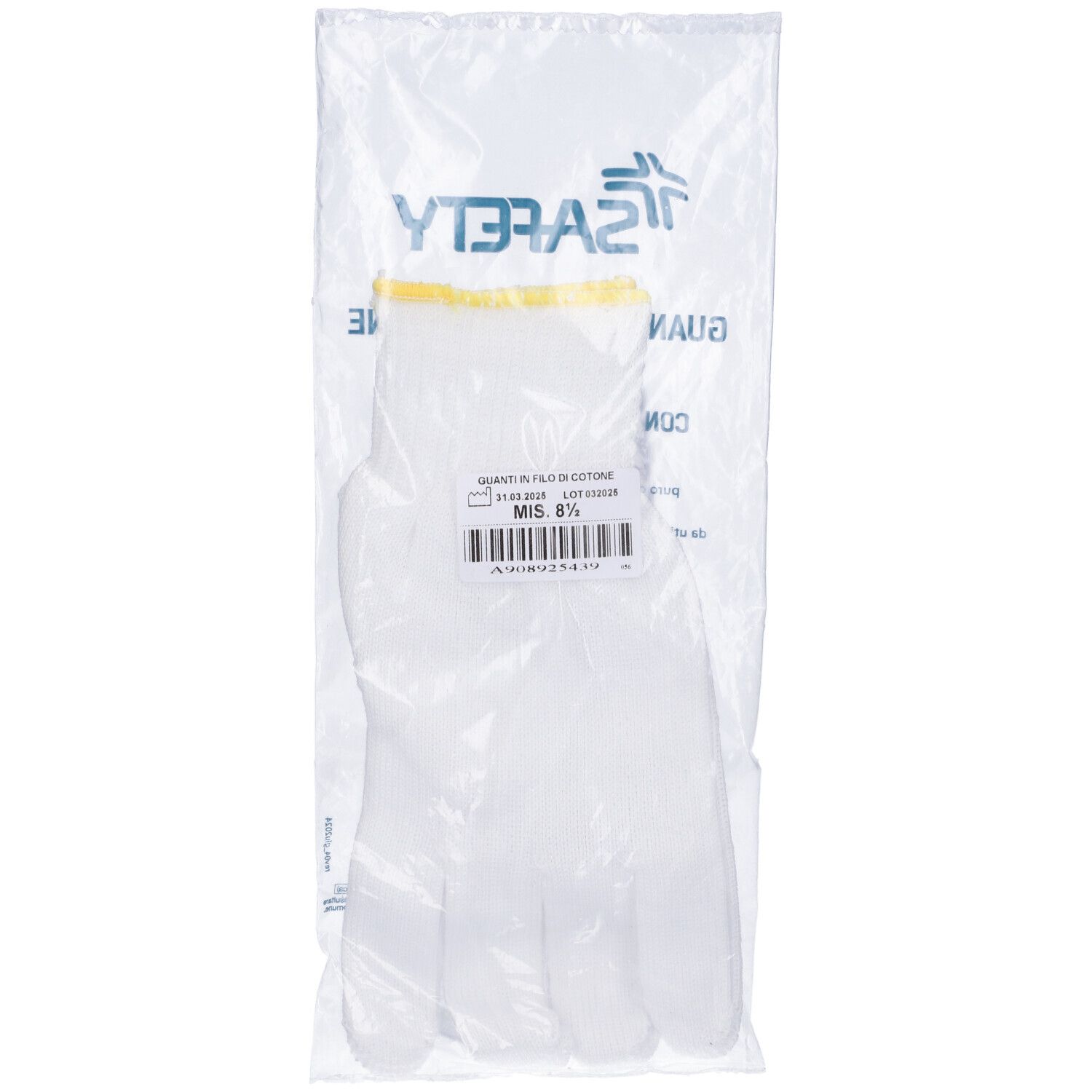 Confezione di guanti bianchi. Stampa: 'MIS. 8 1/2'. Bordo giallo. Codice a barre. Logo 'SAFETY'.
