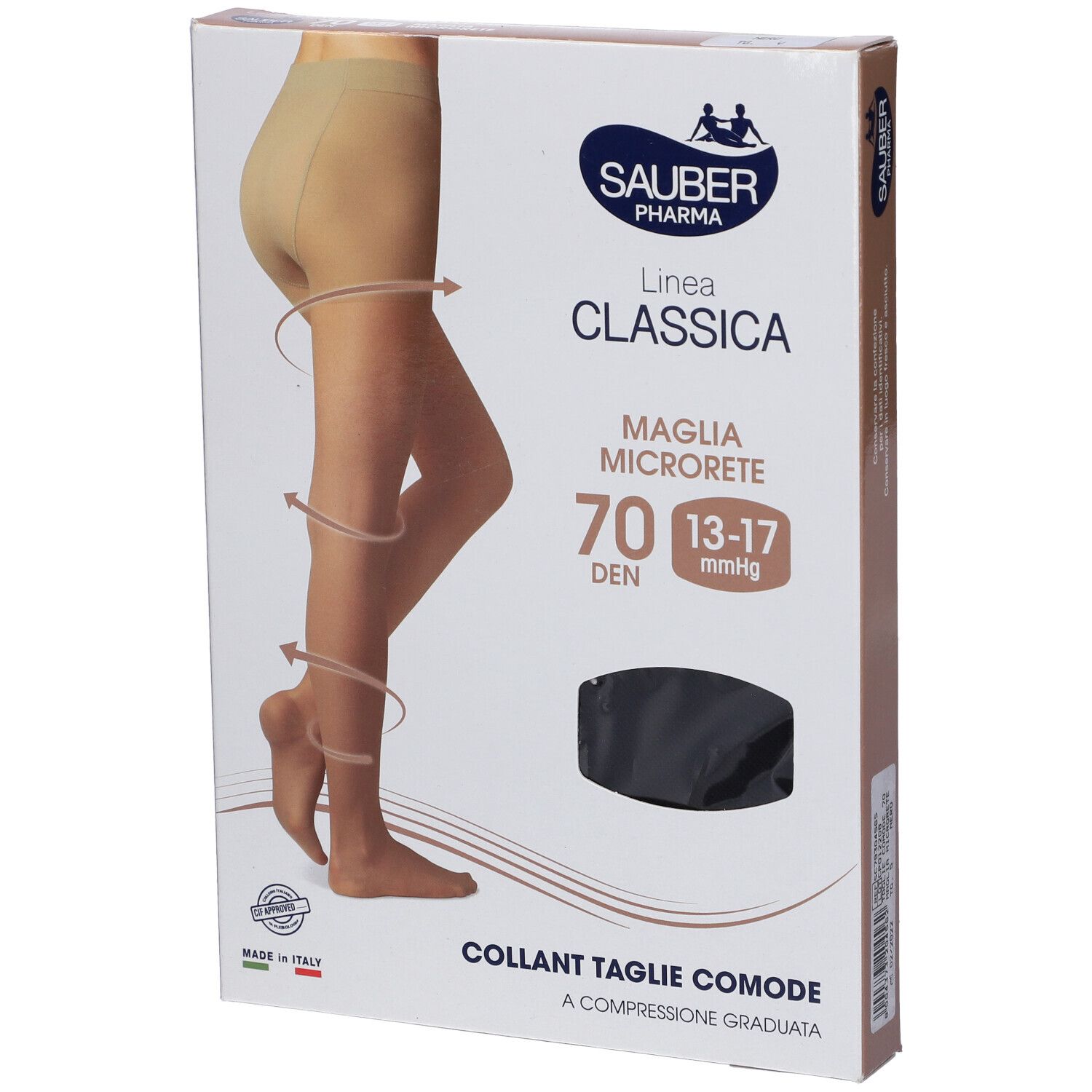 Collant nero in confezione. Marca Sauber Pharma, modello Linea Classica, 70 DEN, 13-17 mmHg. Tessuto Microrete.