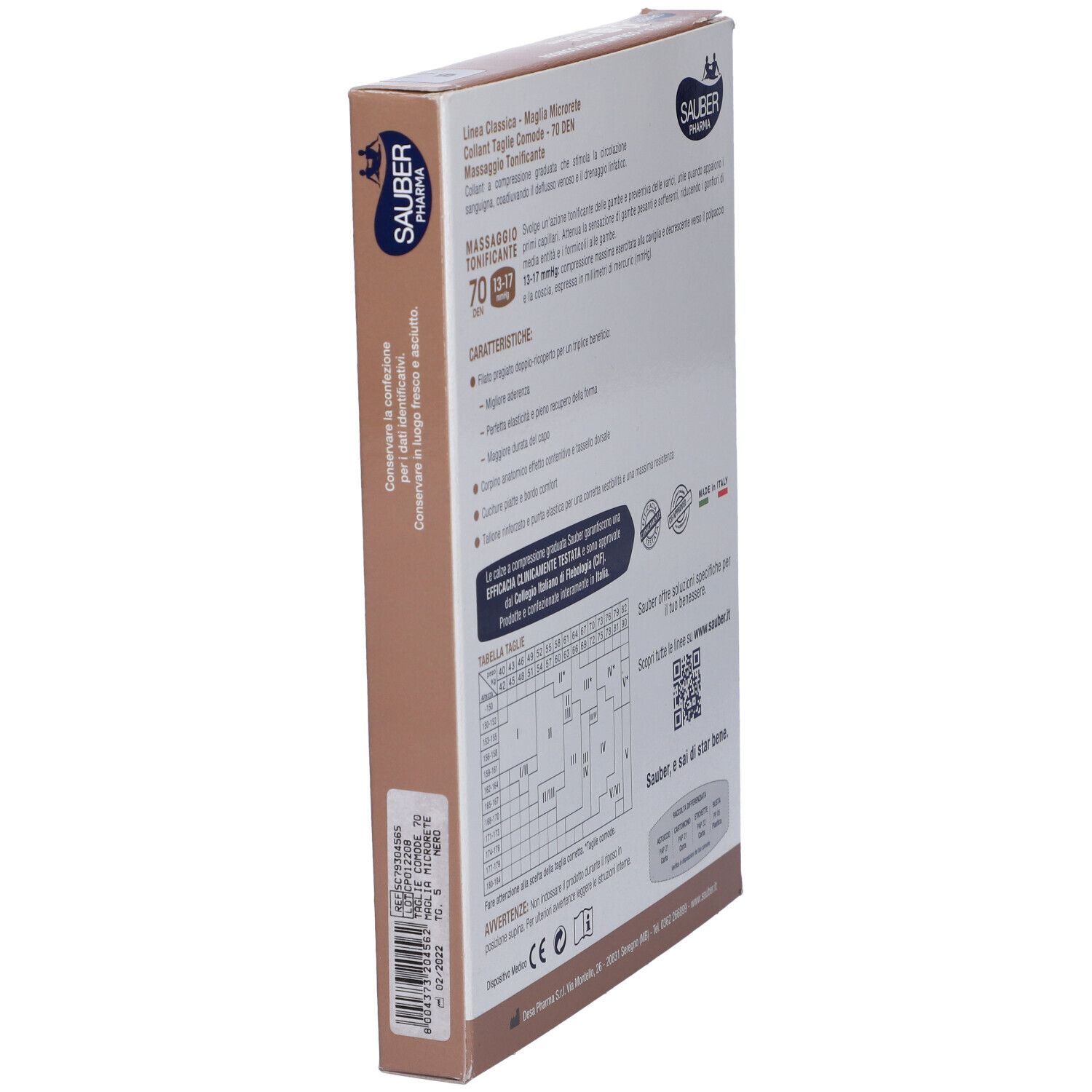 Confezione, vista laterale. Marca Sauber Pharma, Linea Classica, 70 DEN, 13-17 mmHg. Informazioni e tabella taglie.