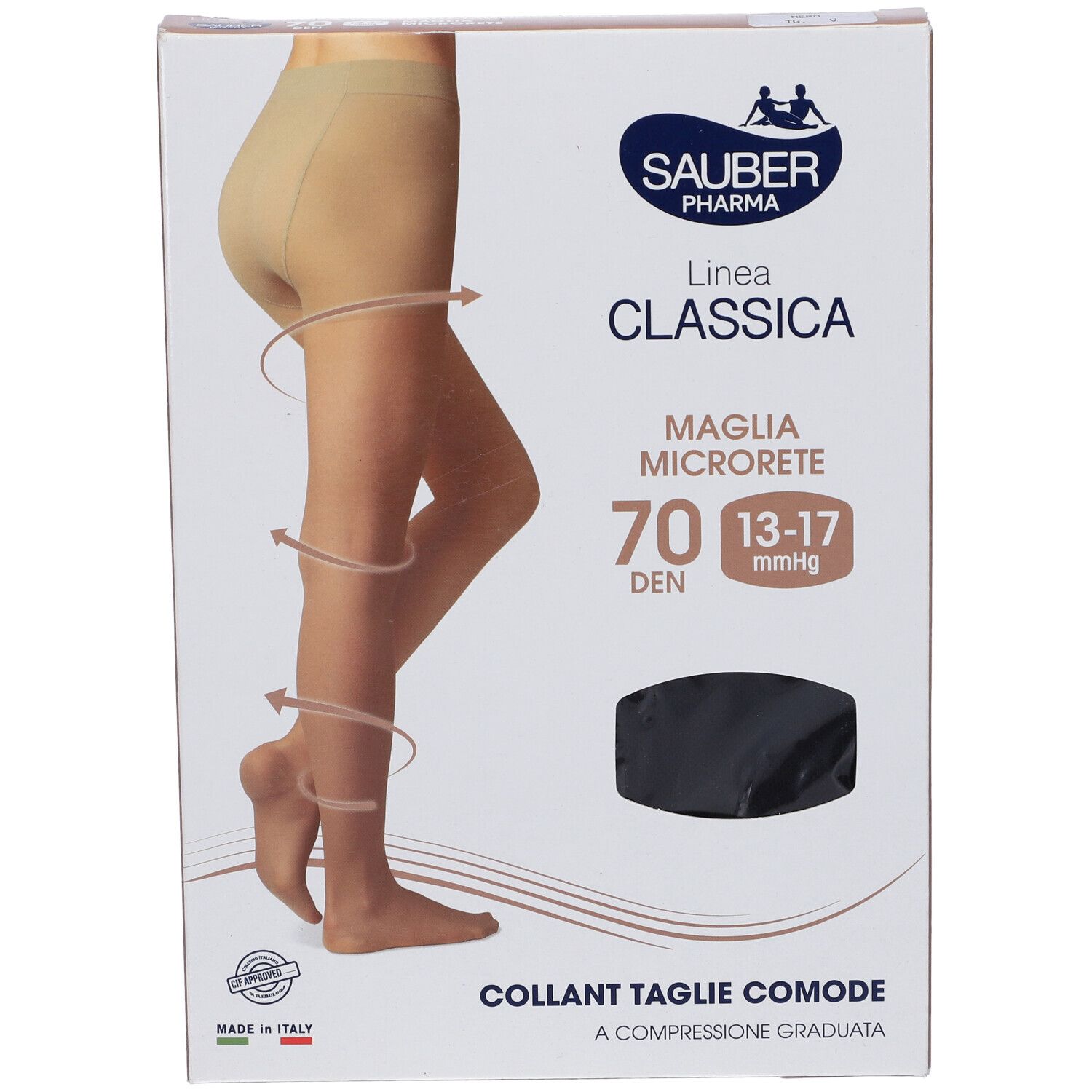 Collant beige in confezione. Marca Sauber Pharma, modello Linea Classica, 70 DEN, 13-17 mmHg. Tessuto Microrete.